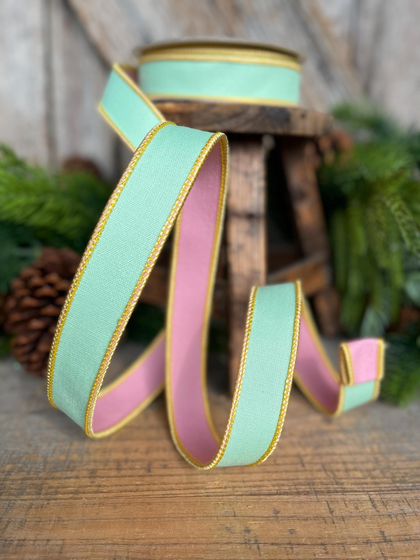 1" Green PInk Pastel Ribbon, Farrisilk Ribbon, Pretty Pastel Ribbon