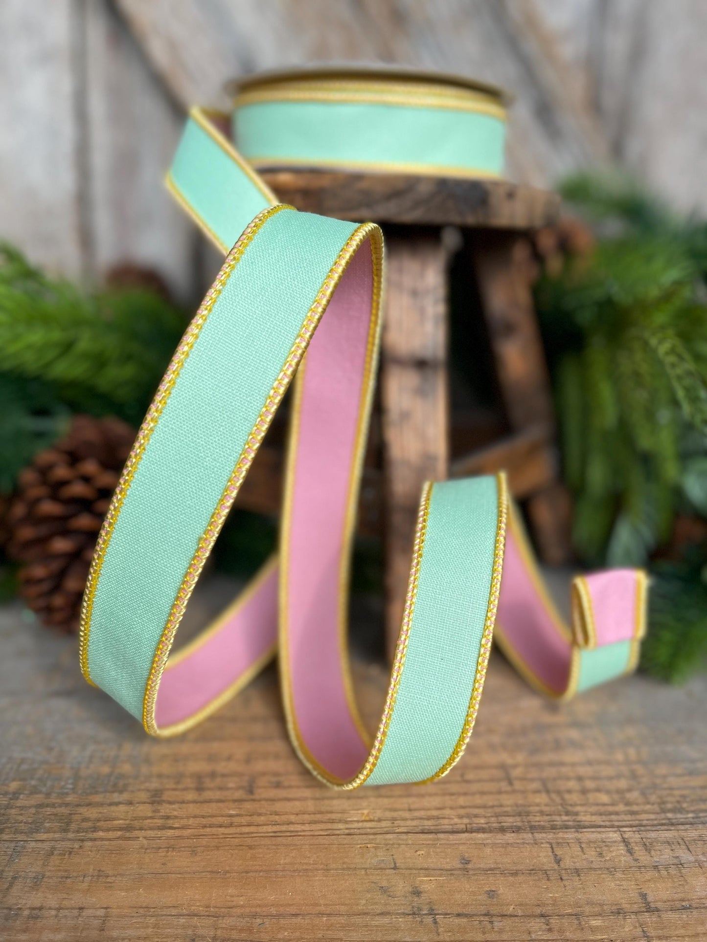 1" Green PInk Pastel Ribbon, Farrisilk Ribbon, Pretty Pastel Ribbon