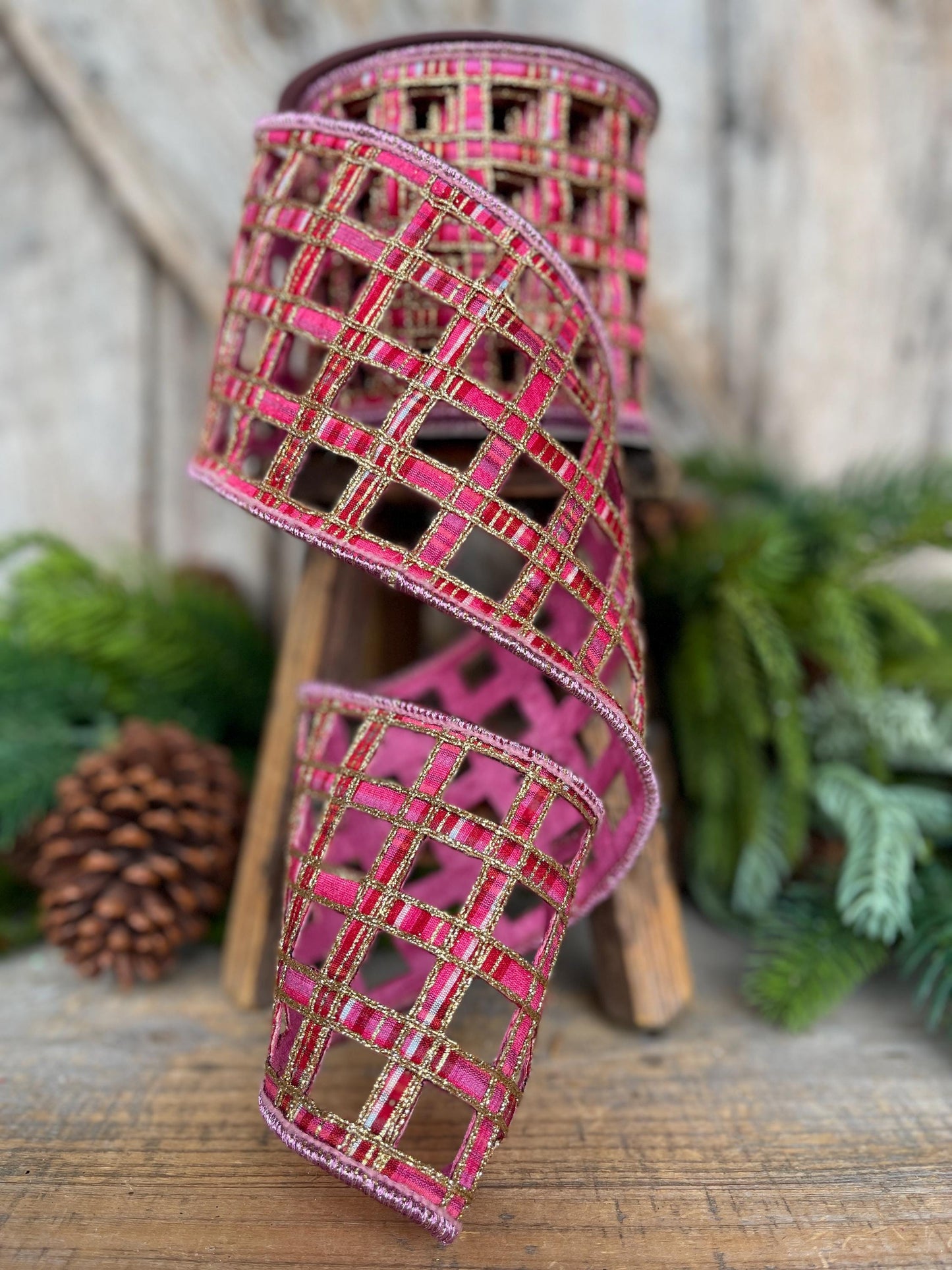 4" Pink Plaid Ribbon, Farrisilk Ribbon, Window Plaid Ribbon, Christmas Plaid Ribbon, Gold Christmas Plaid, RK828-14