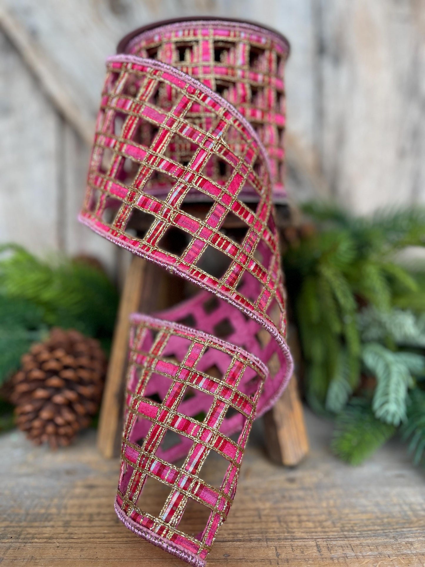 4" Pink Plaid Ribbon, Farrisilk Ribbon, Window Plaid Ribbon, Christmas Plaid Ribbon, Gold Christmas Plaid, RK828-14