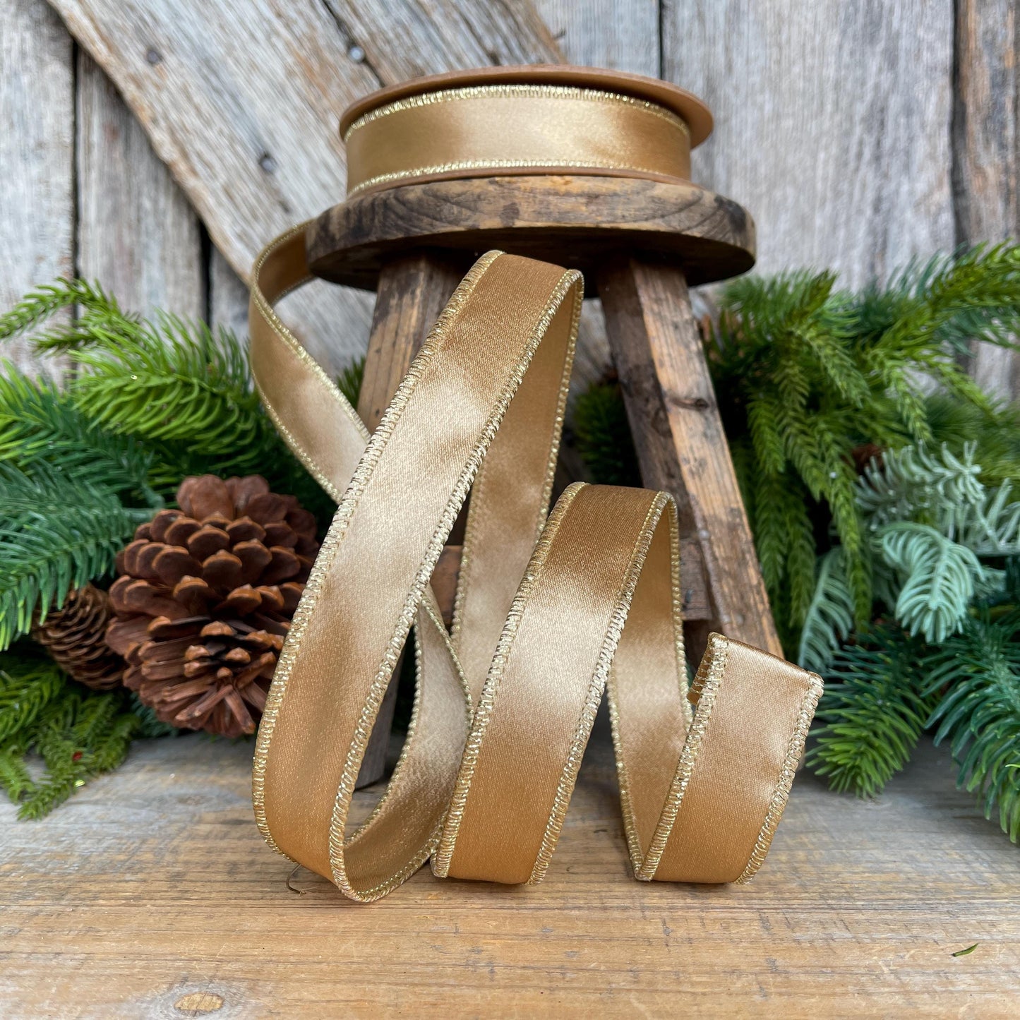 Gold Shimmer Satin Wired Ribbon - Gold Christmas Ribbon, 1" x 10yds
