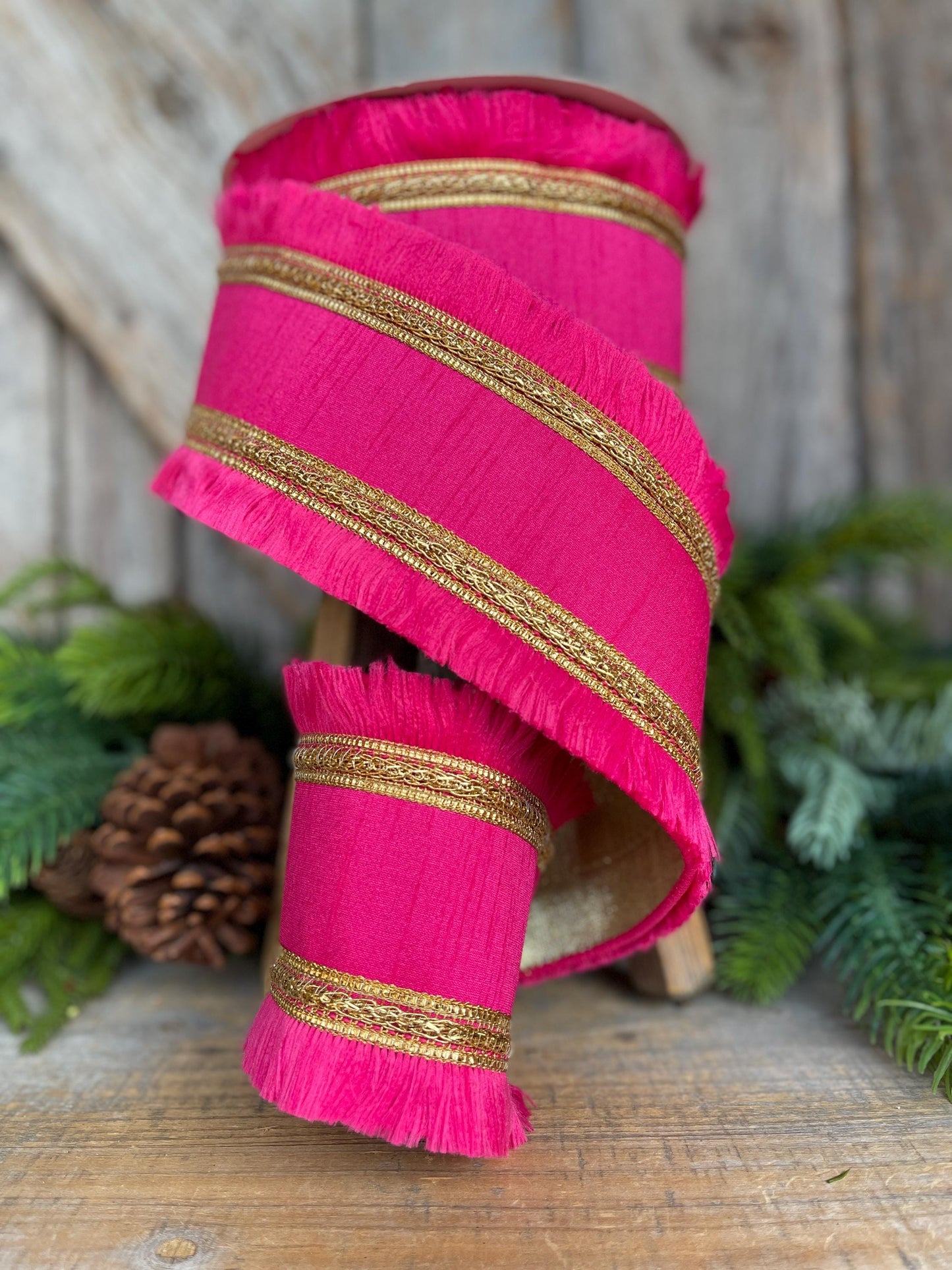 4" Hot Pink Festival Fringe Ribbon, Light Pink Christmas Ribbon, Pinkmas