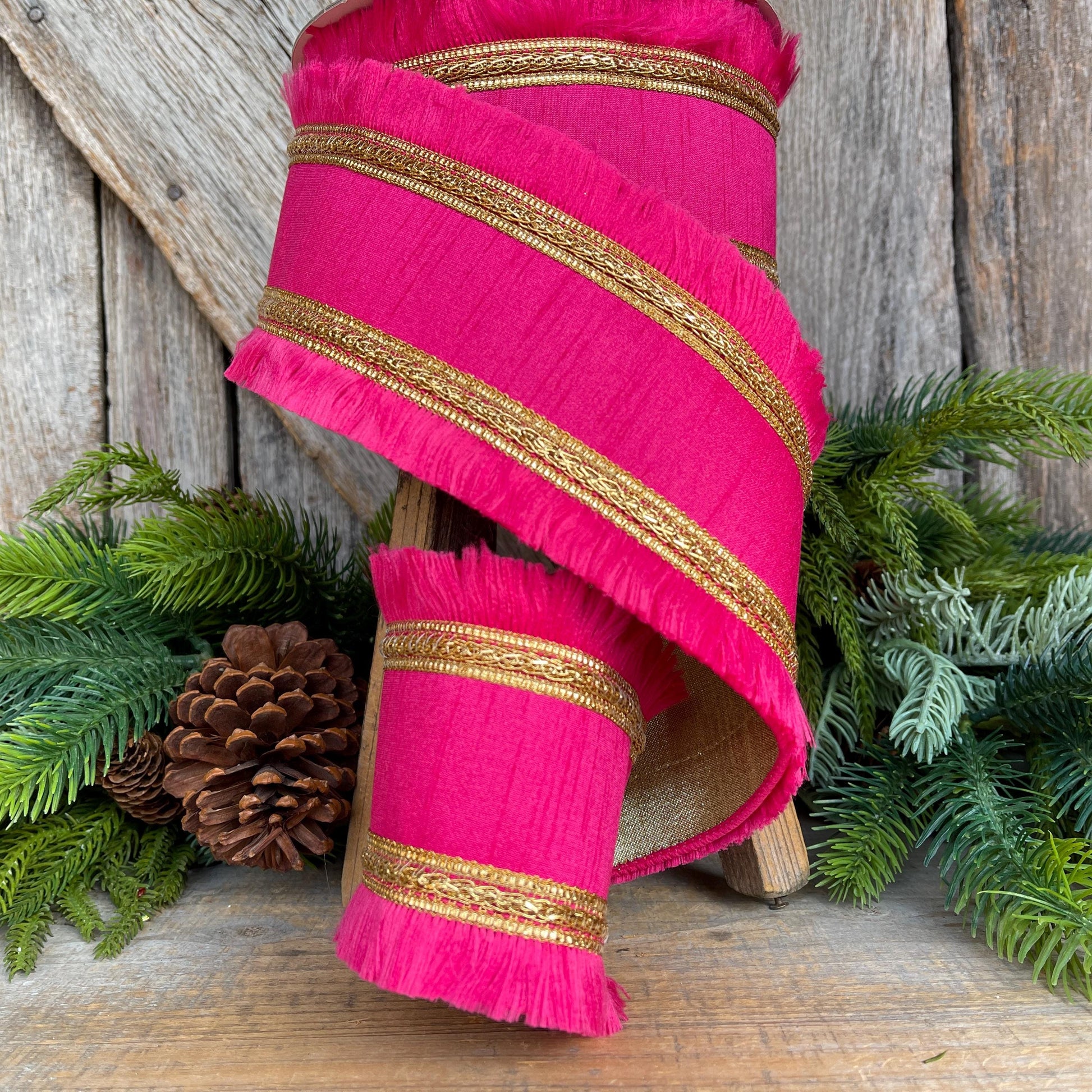 4" Hot Pink Festival Fringe Ribbon, Light Pink Christmas Ribbon, Pinkmas
