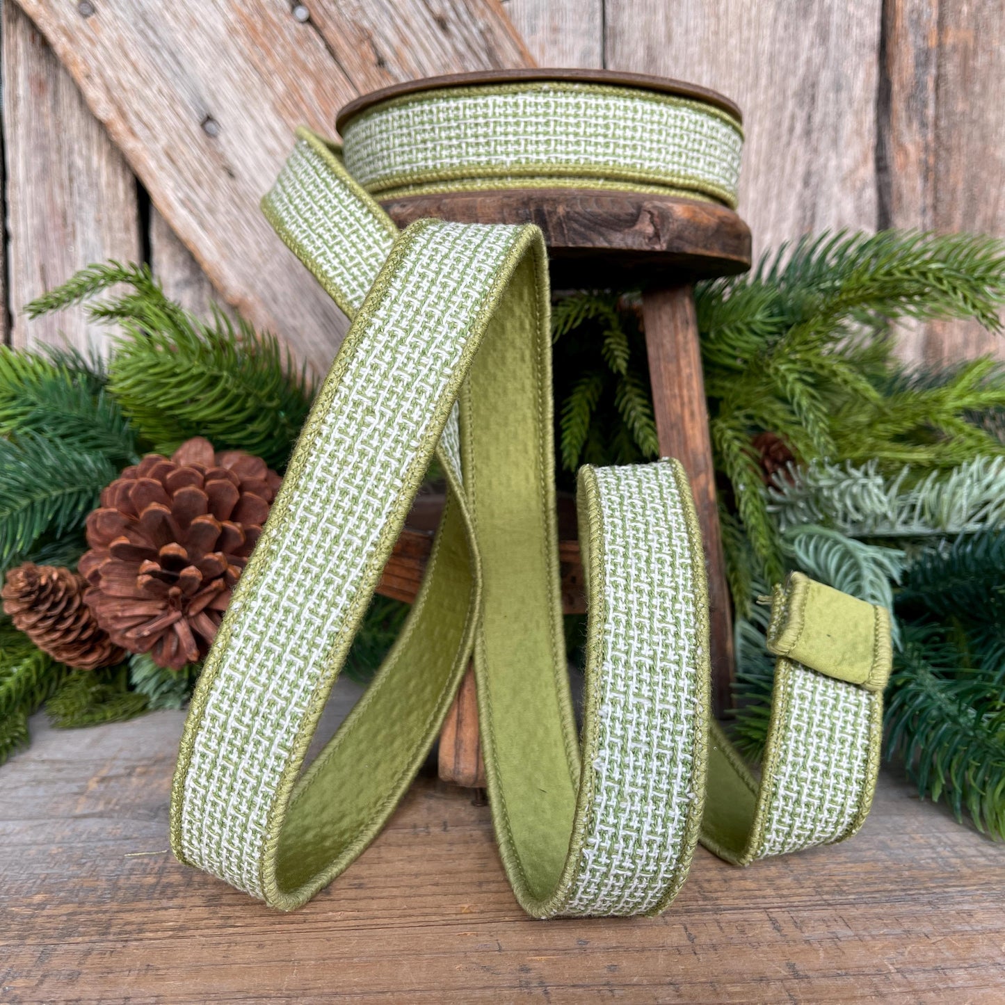 1" Moss Green Textured Ribbon, Green Ribbon, Christmas Ribbon
