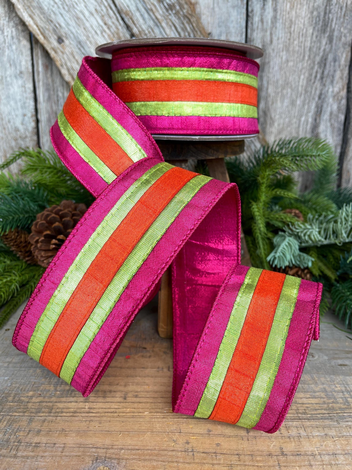 2.5" Christmas Striped Ribbon, Hot PInk Orange Ribbon, Farrisilk ribbon, 2.5" x 10yds, Classic Stripes, RK886-08
