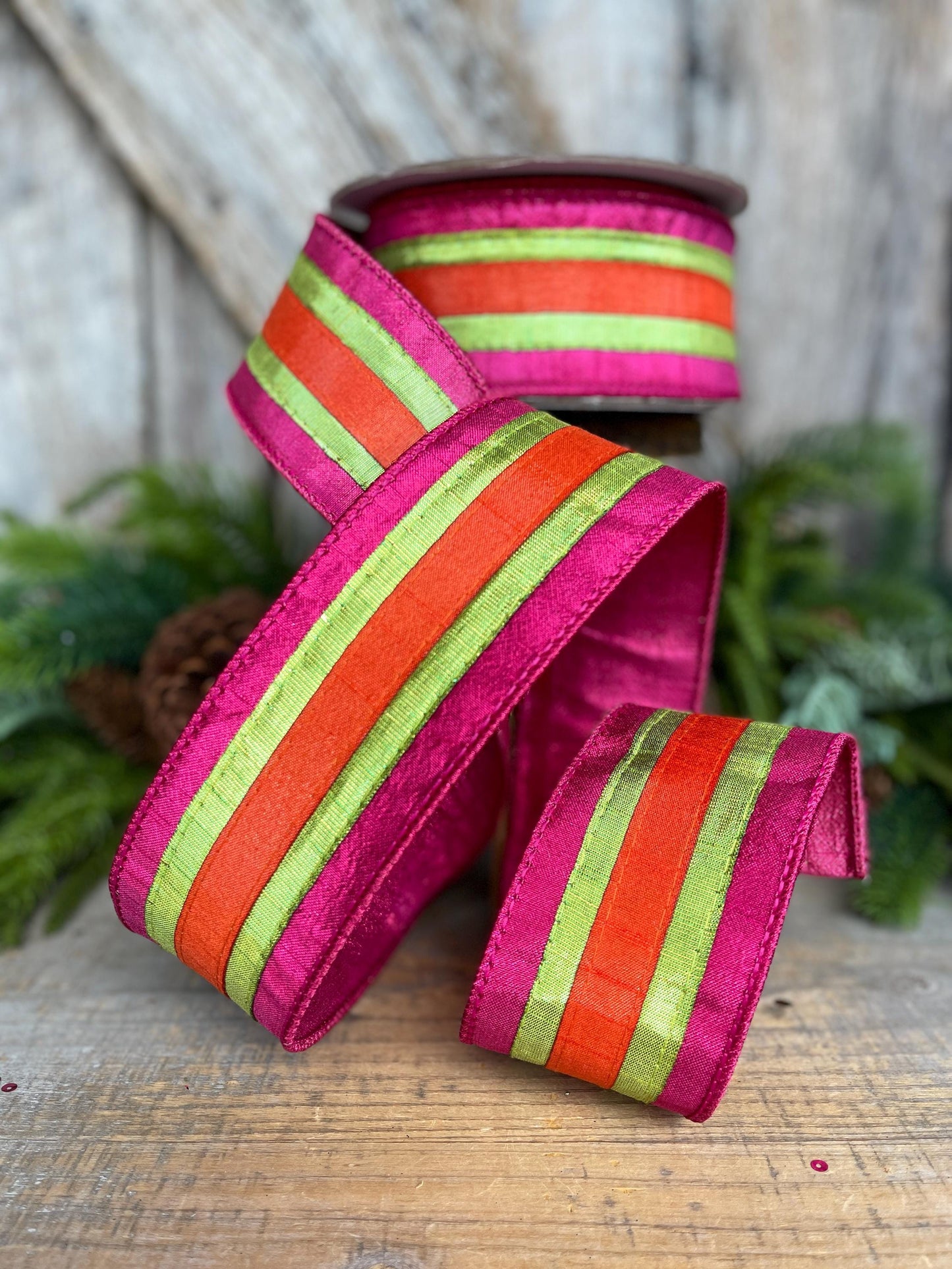 2.5" Christmas Striped Ribbon, Hot PInk Orange Ribbon, Farrisilk ribbon, 2.5" x 10yds, Classic Stripes, RK886-08