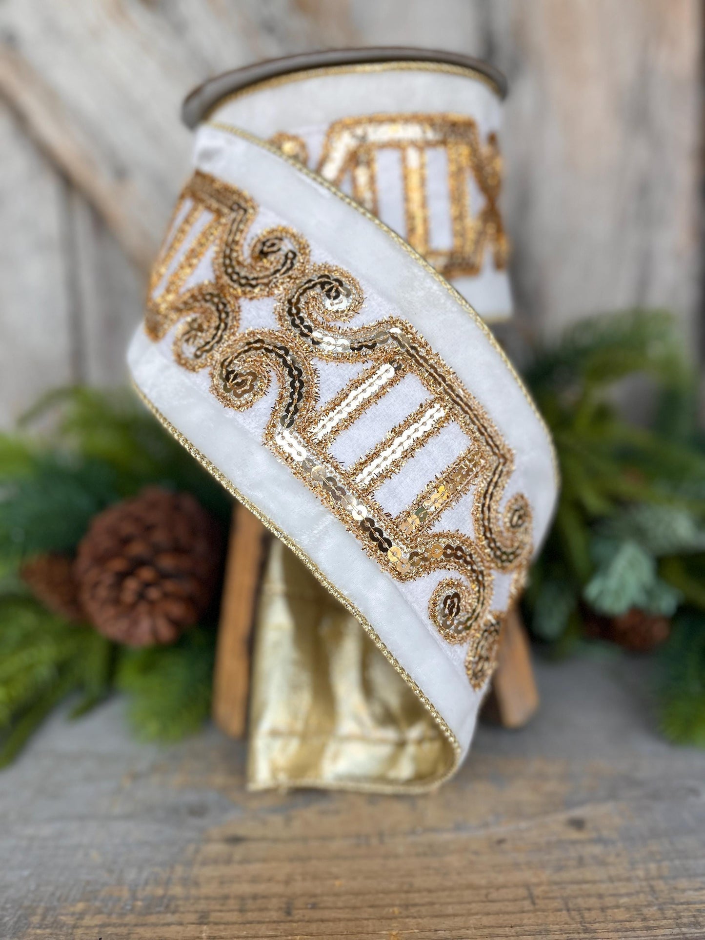4" Ivory Velvet Ribbon, Ivory Gold Plush Nutcracker Ribbon, Farrisilk Ribbon, Ivory Christmas Ribbon, RK822-62