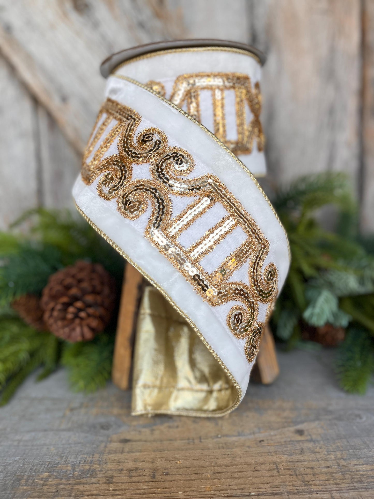 4" Ivory Velvet Ribbon, Ivory Gold Plush Nutcracker Ribbon, Farrisilk Ribbon, Ivory Christmas Ribbon, RK822-62