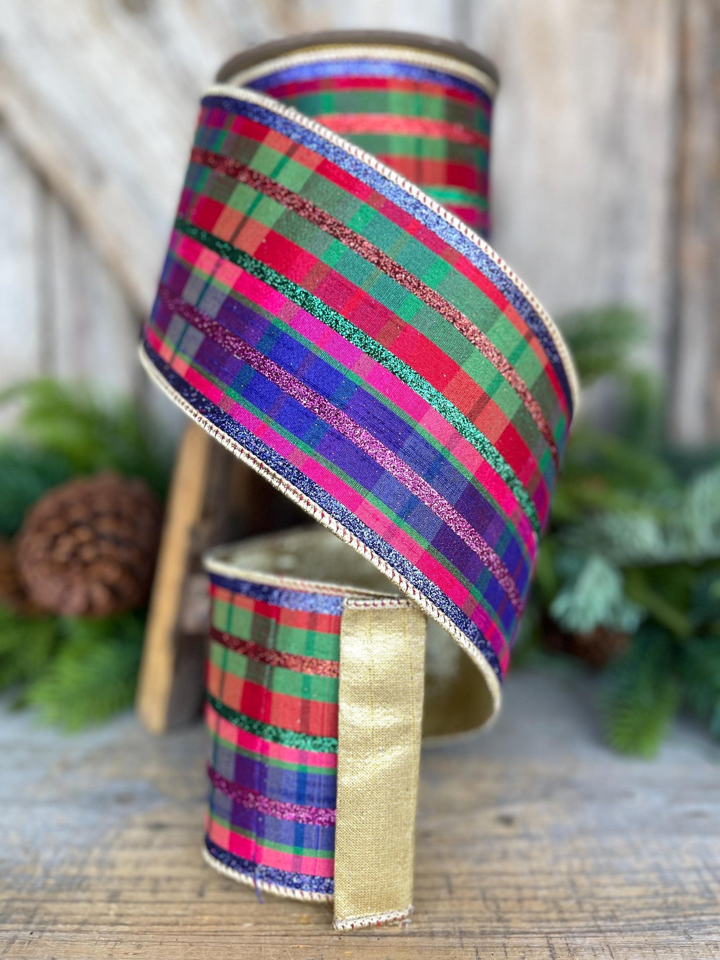 4" Christmas Glitter Plaid Ribbon, Farrisilk Ribbon, Christmas Designer Ribbon, RG796-32