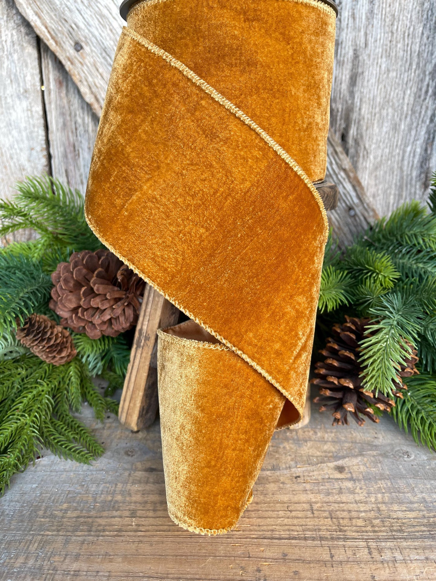4" Antique Gold Wired Ribbon, Velvet Ribbon, Christmas Velvet Ribbon, 10 Yards