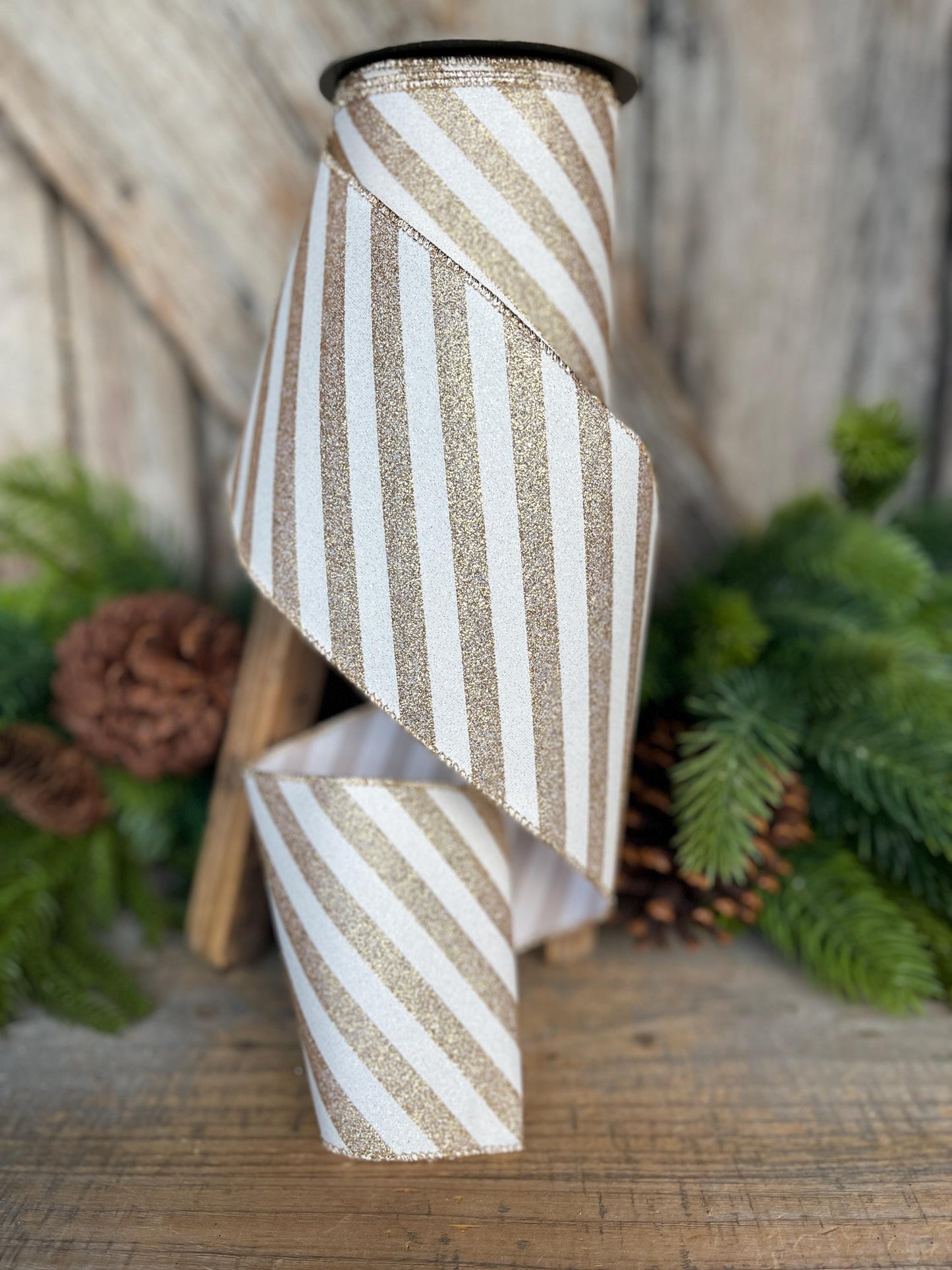 4" Gold Ribbon Stripe Ribbon, Gold White Christmas Ribbon, 10 Yards