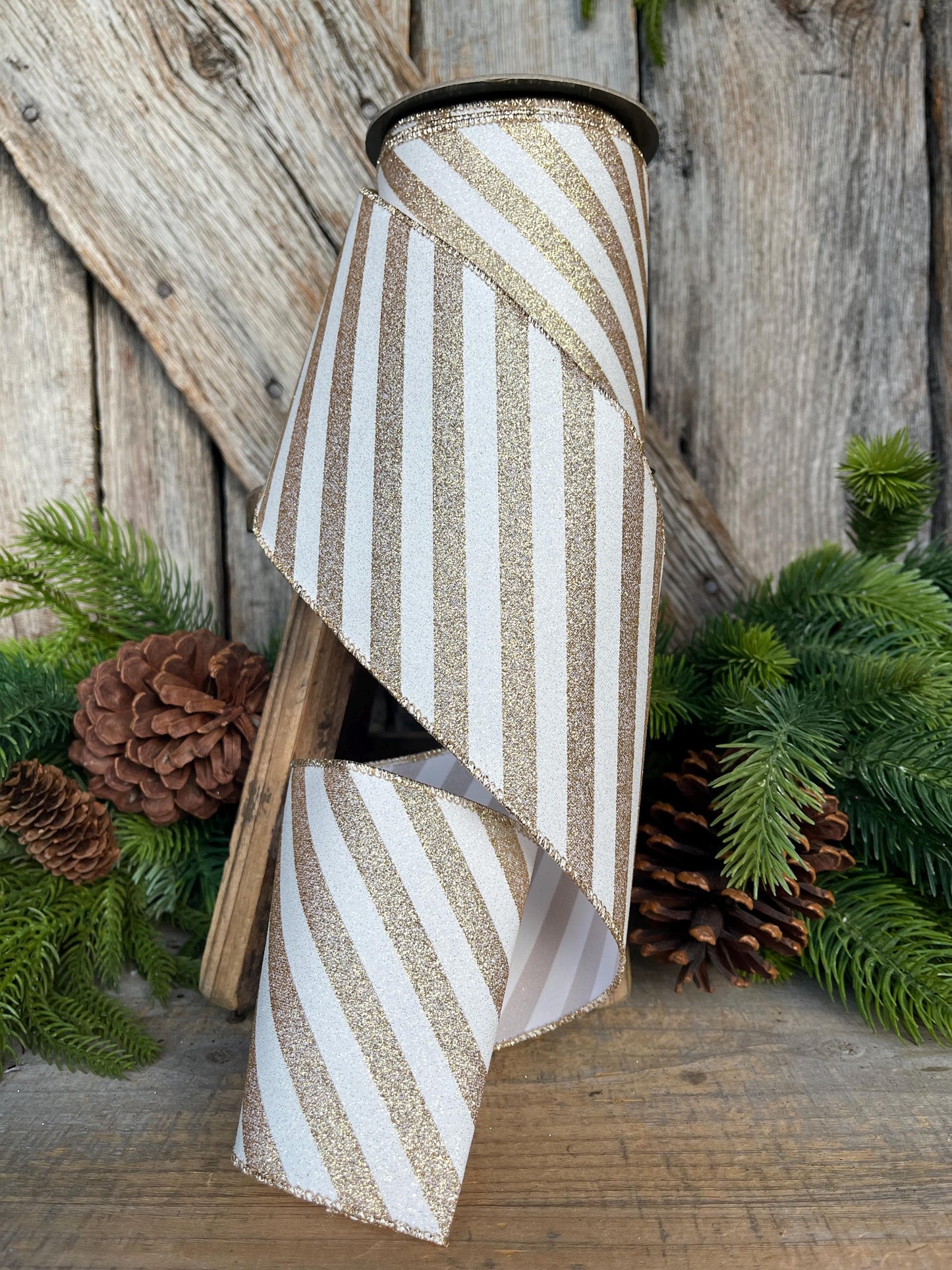 4" Gold Ribbon Stripe Ribbon, Gold White Christmas Ribbon, 10 Yards