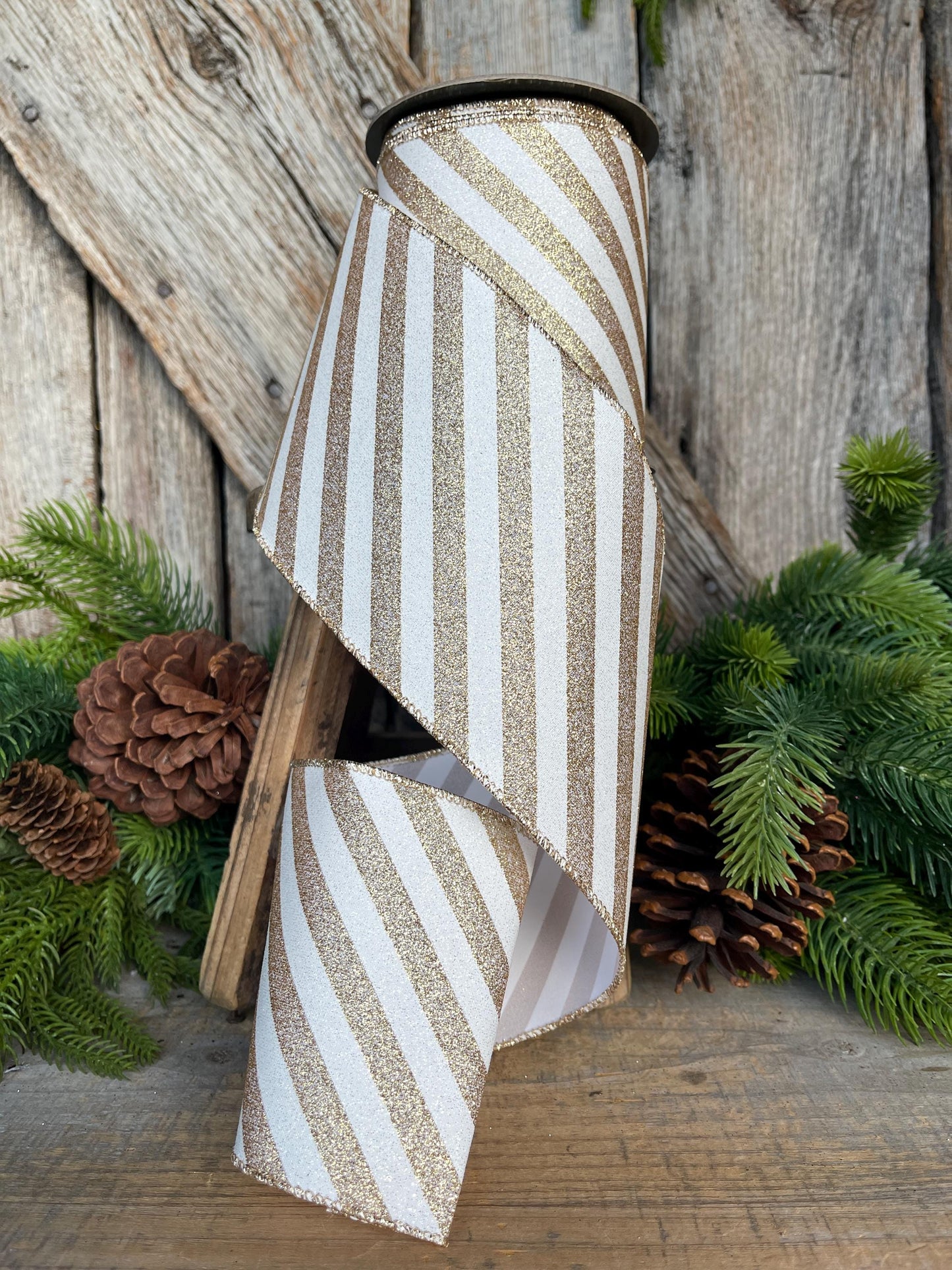 4" Gold Ribbon Stripe Ribbon, Gold White Christmas Ribbon, 10 Yards