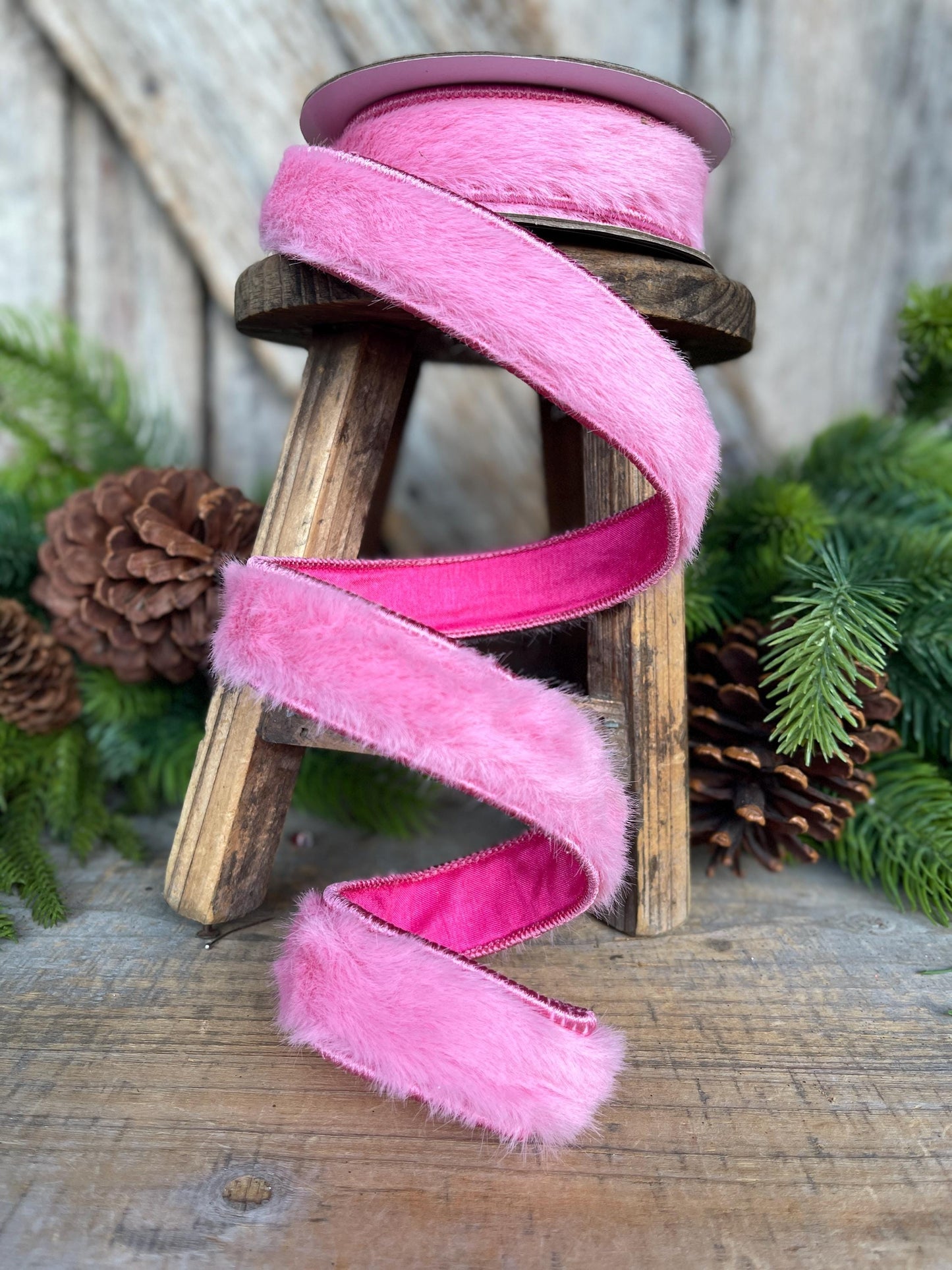 1" Pink Fur Ribbon, Bubblegum Pink Fur Ribbon Trim, Pink Christmas RIbbon