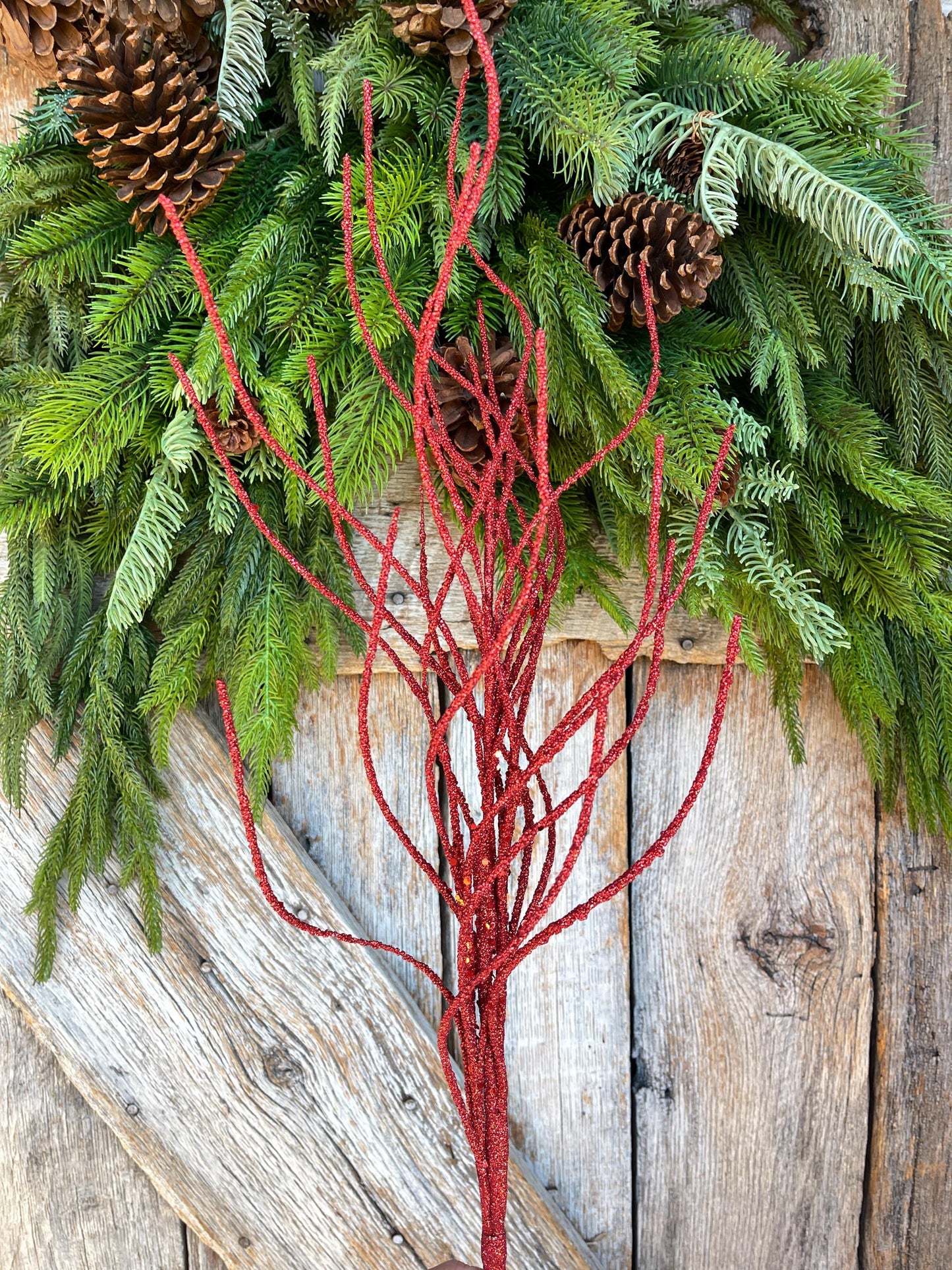 30" Red Glitter Twig Christmas Spray, Christmas Tree Topper Spray