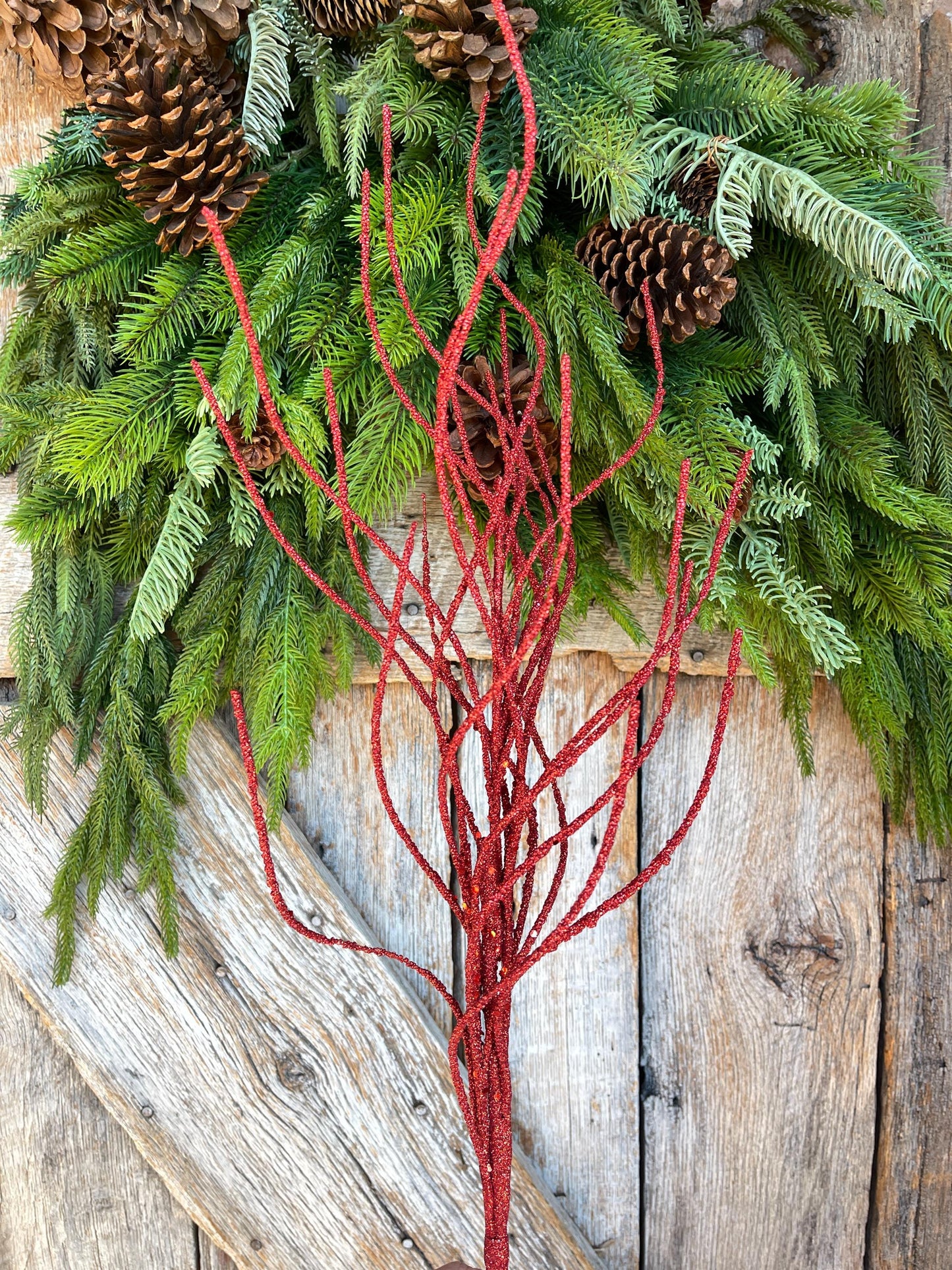 30" Red Glitter Twig Christmas Spray, Christmas Tree Topper Spray