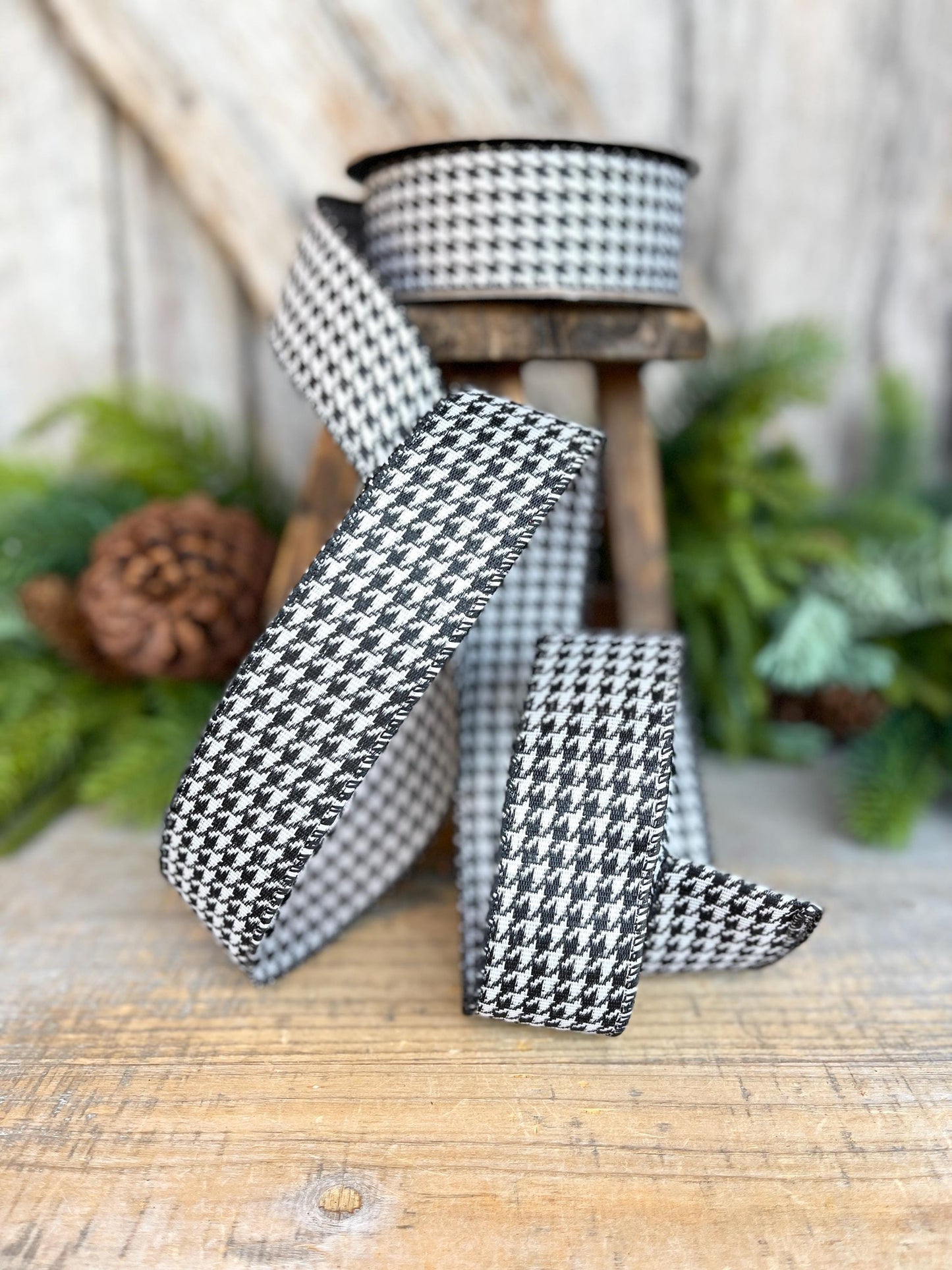 1.5" Black and White Houndstooth ribbon, Christmas Ribbon, Gift Wrap Ribbon