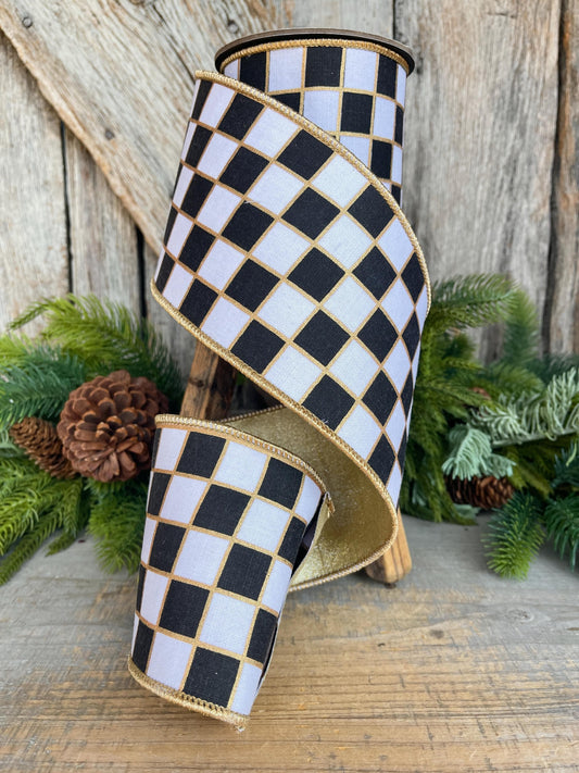 4" Black and White Check Ribbon, Christmas Ribbon