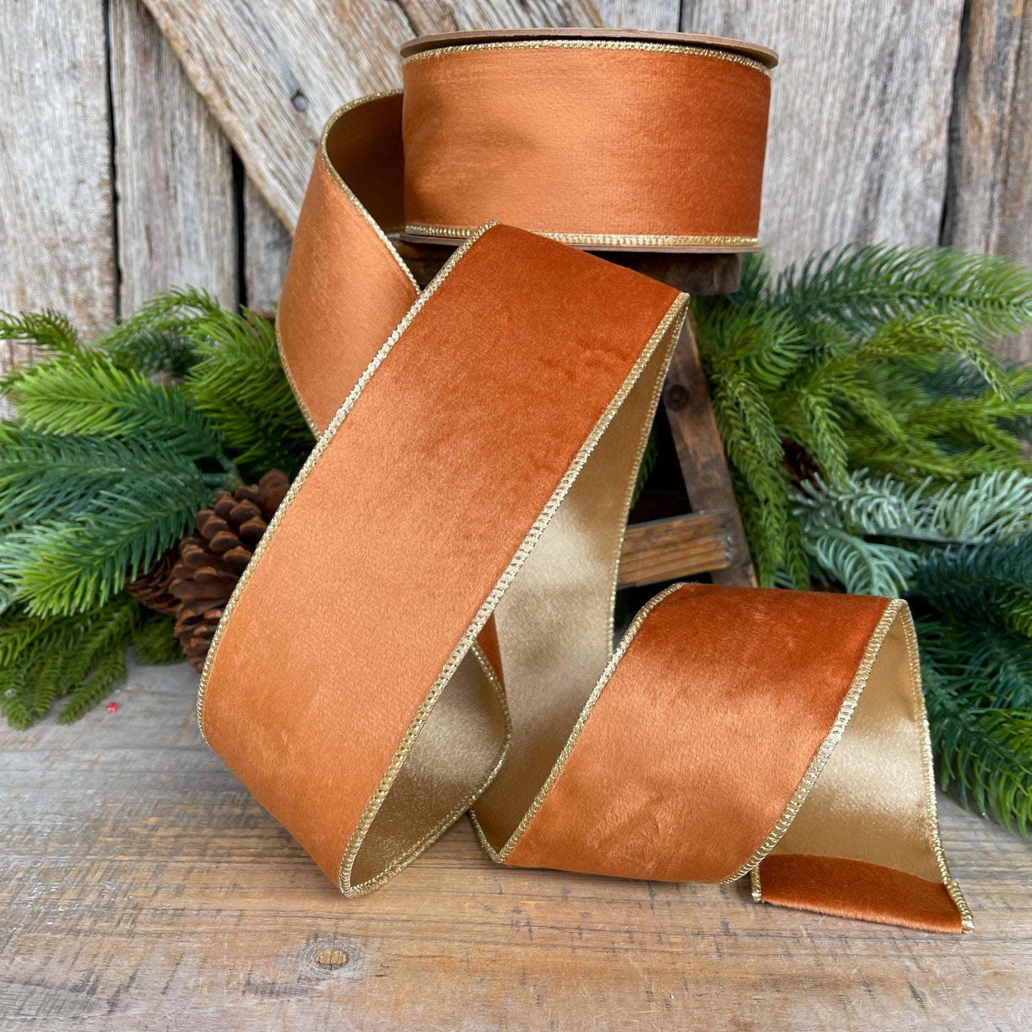 Copper Brown Velvet Wired Ribbon: 2.5" Fall Christmas Decor