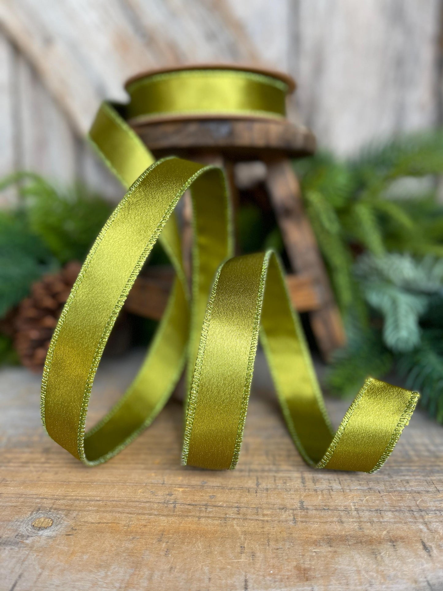 1" Moss Satin Ribbon, Christmas Ribbon, Shimmer Satin Ribbon