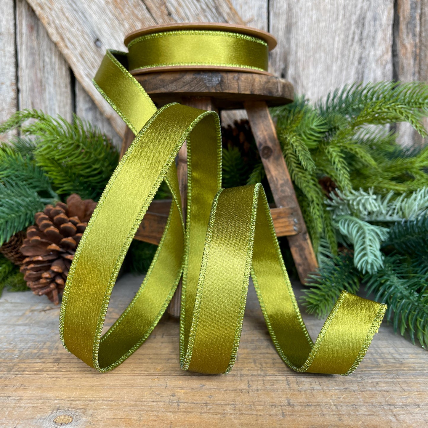 1" Moss Satin Ribbon, Christmas Ribbon, Shimmer Satin Ribbon