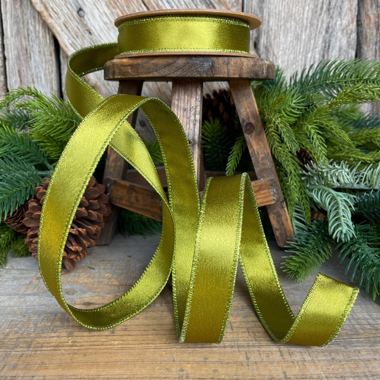 1" Moss Satin Ribbon, Christmas Ribbon, Shimmer Satin Ribbon