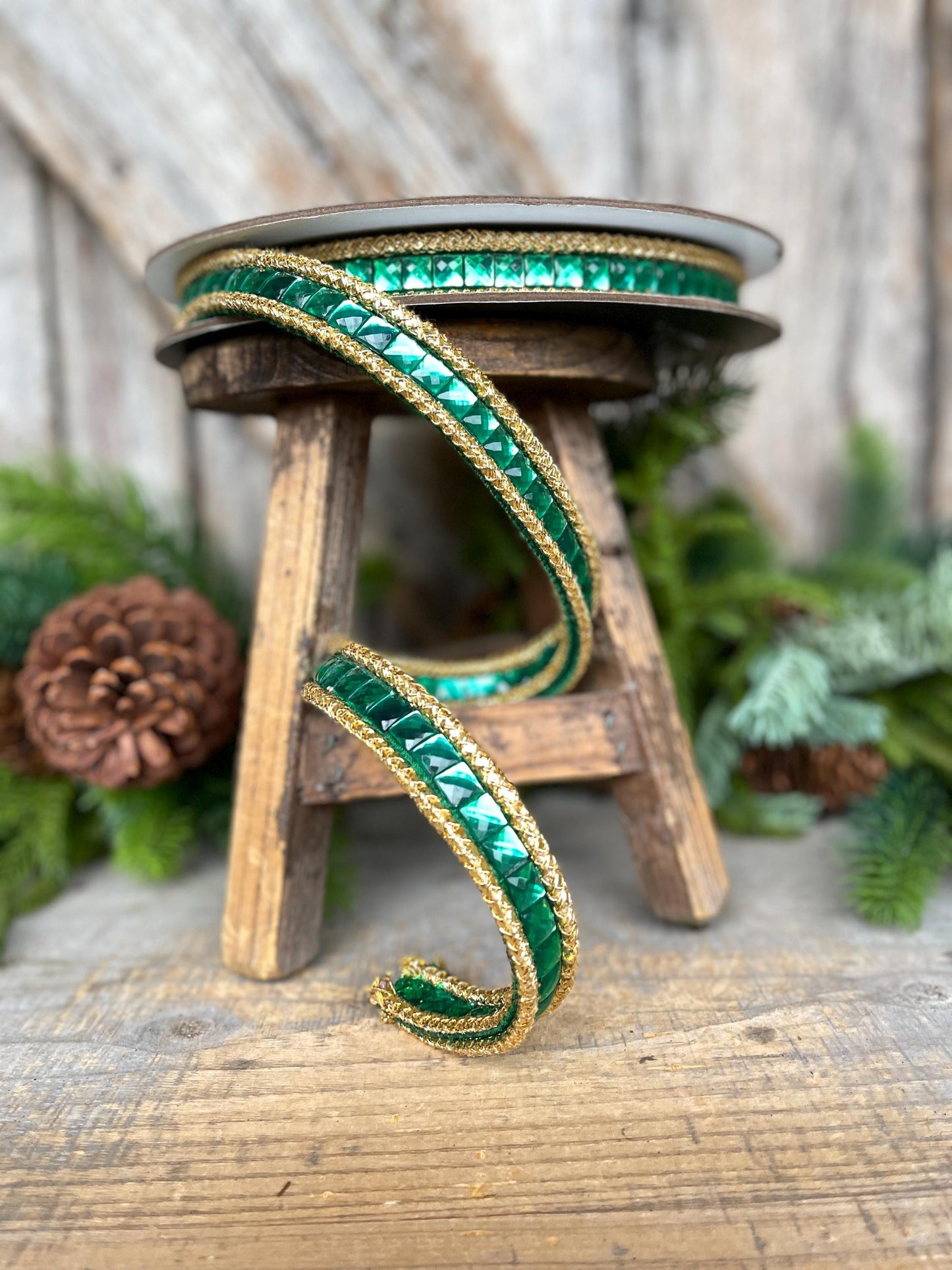3/4" Emerald Green Jeweled Ribbon, Farrisilk Ribbon, Christmas Ribbon