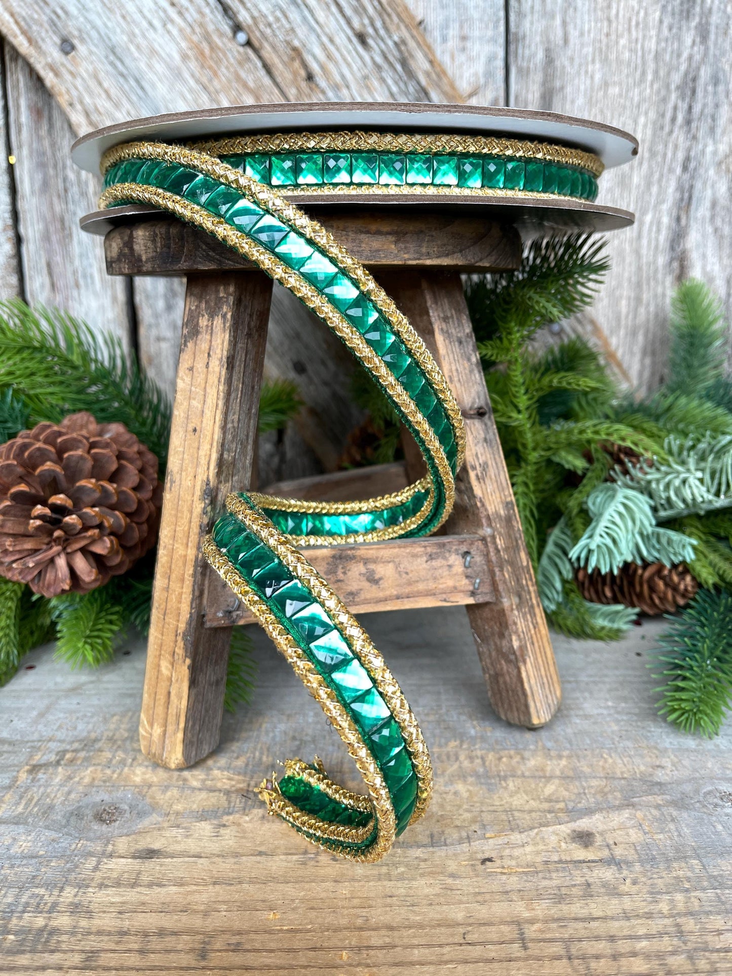 3/4" Emerald Green Jeweled Ribbon, Farrisilk Ribbon, Christmas Ribbon