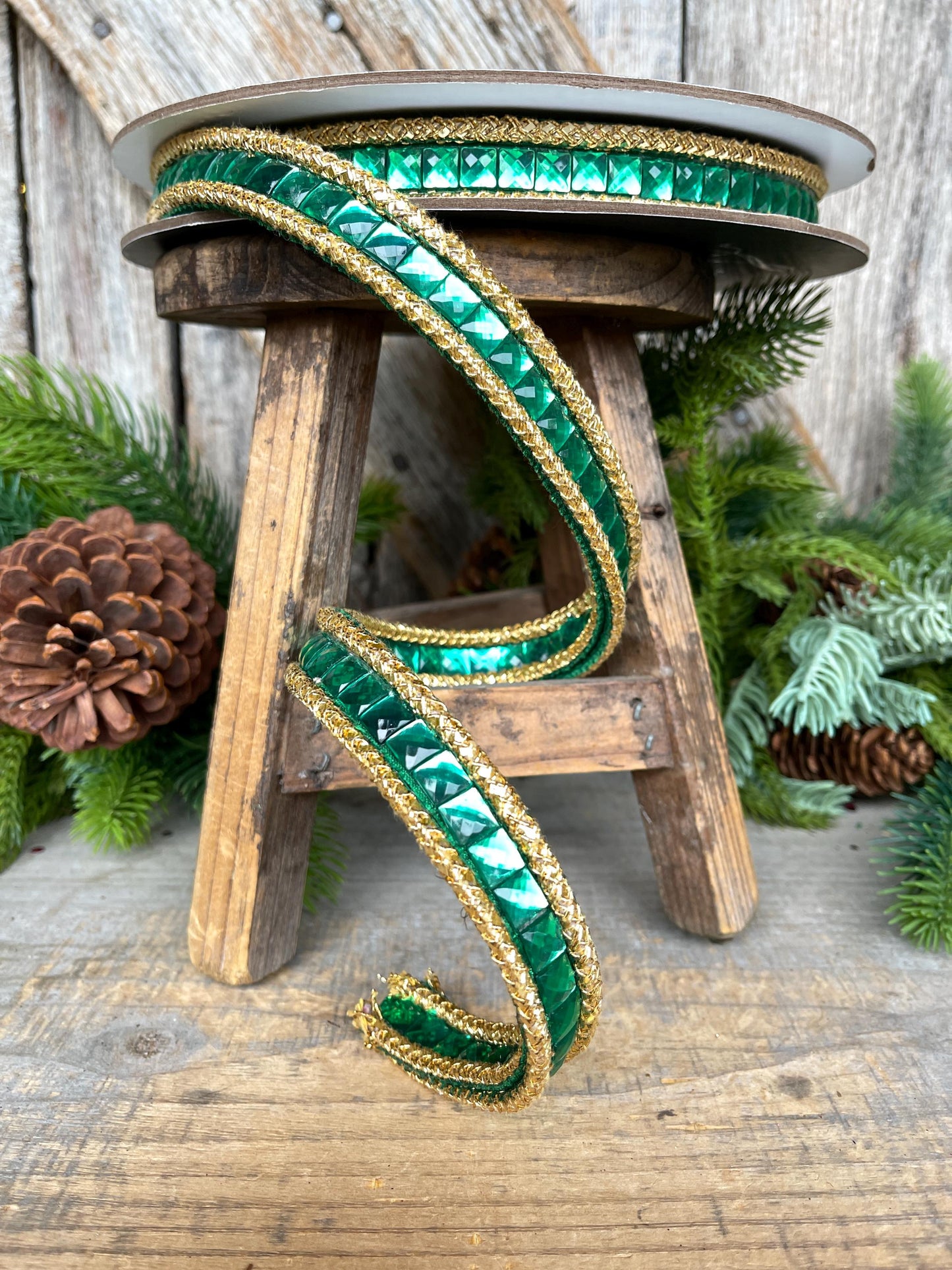 3/4" Emerald Green Jeweled Ribbon, Farrisilk Ribbon, Christmas Ribbon