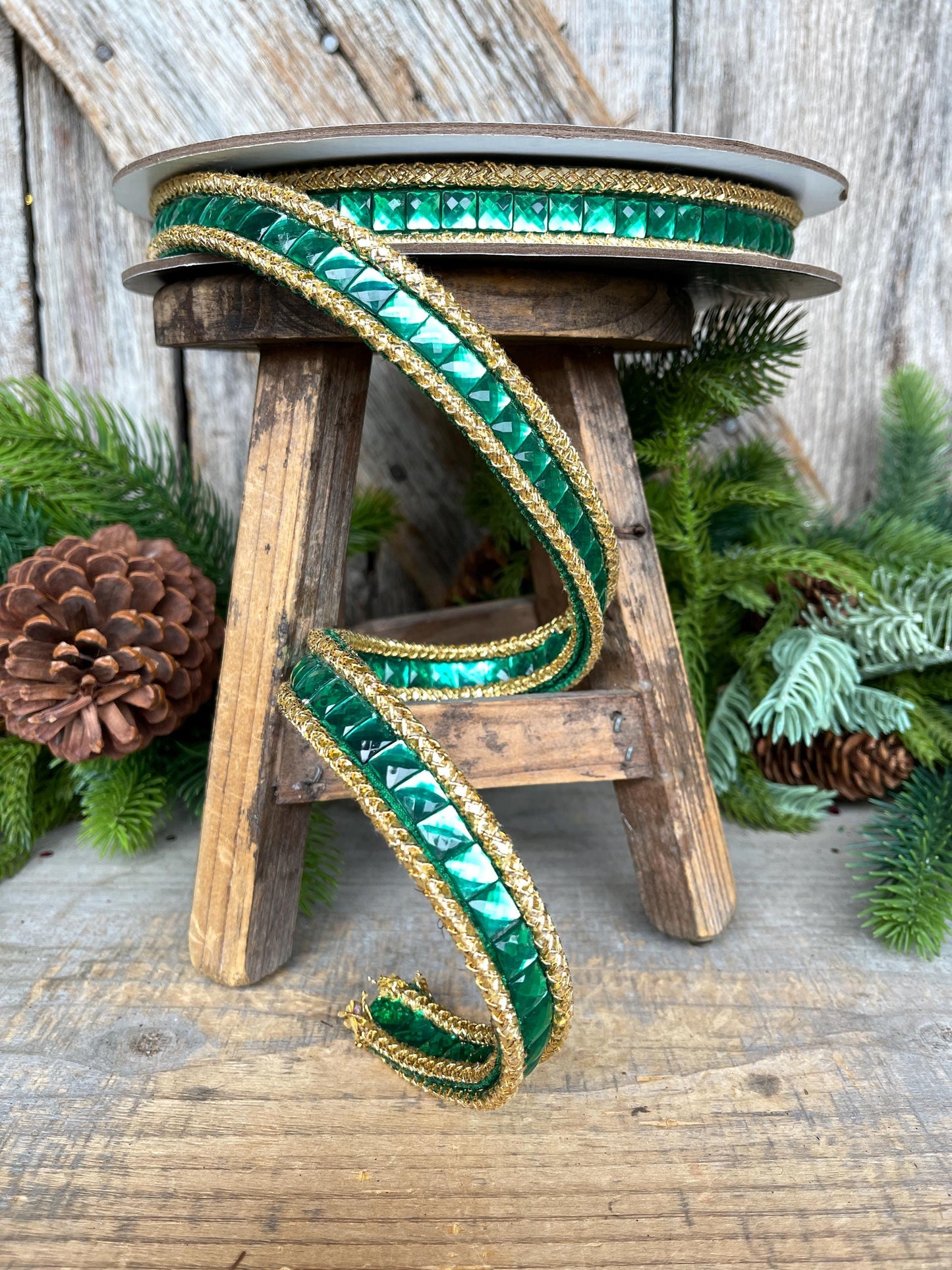3/4" Emerald Green Jeweled Ribbon, Farrisilk Ribbon, Christmas Ribbon
