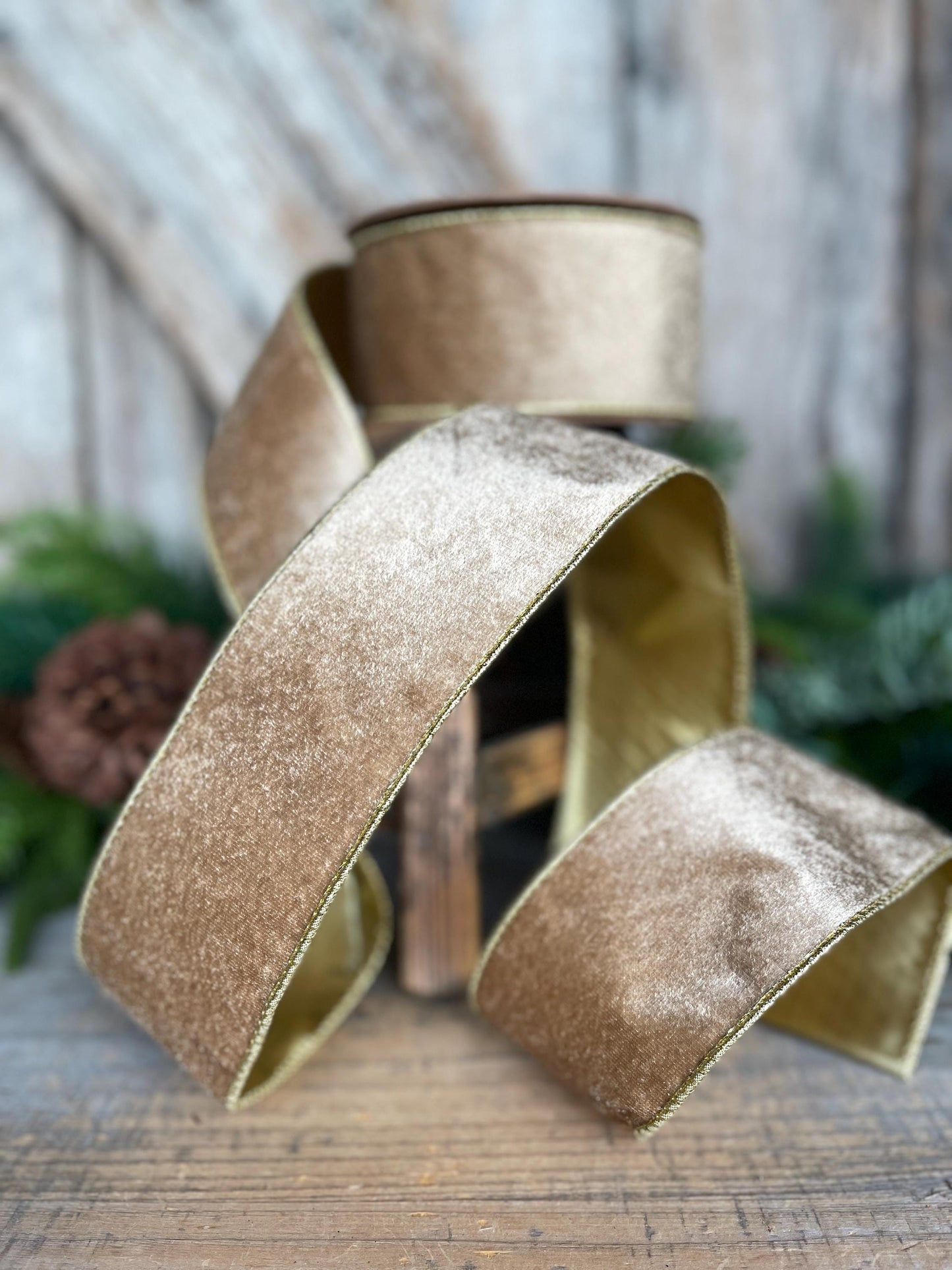 2.5" Gold Velveteen Ribbon, Christmas Ribbon, Gold Velvet
