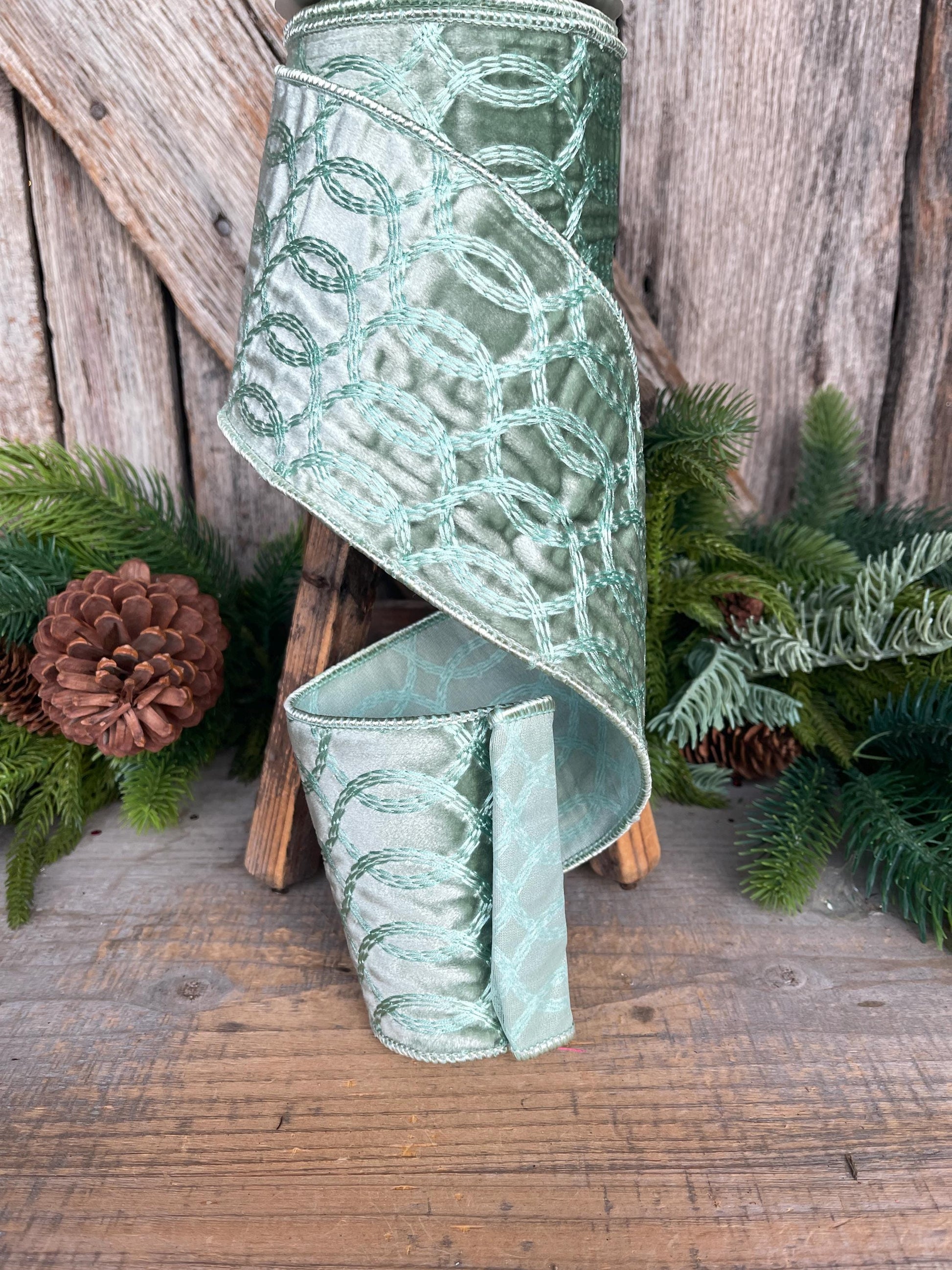 4" Aqua Celadon Velvet Ribbon, Celadon Velvet Ribbon, Christmas Ribbon
