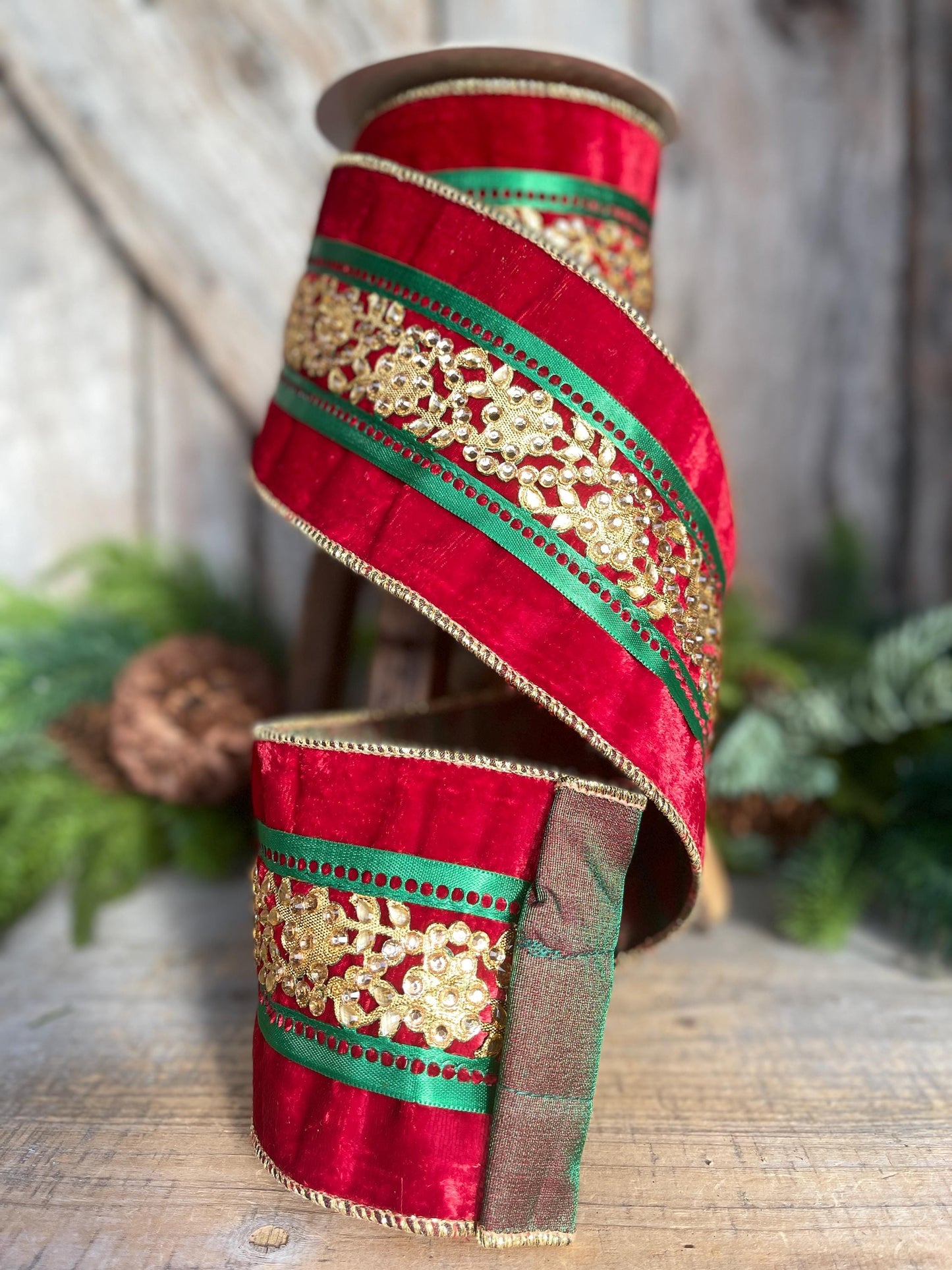 4" Red Embellished Velvet Ribbon, Luxury Christmas Ribbon