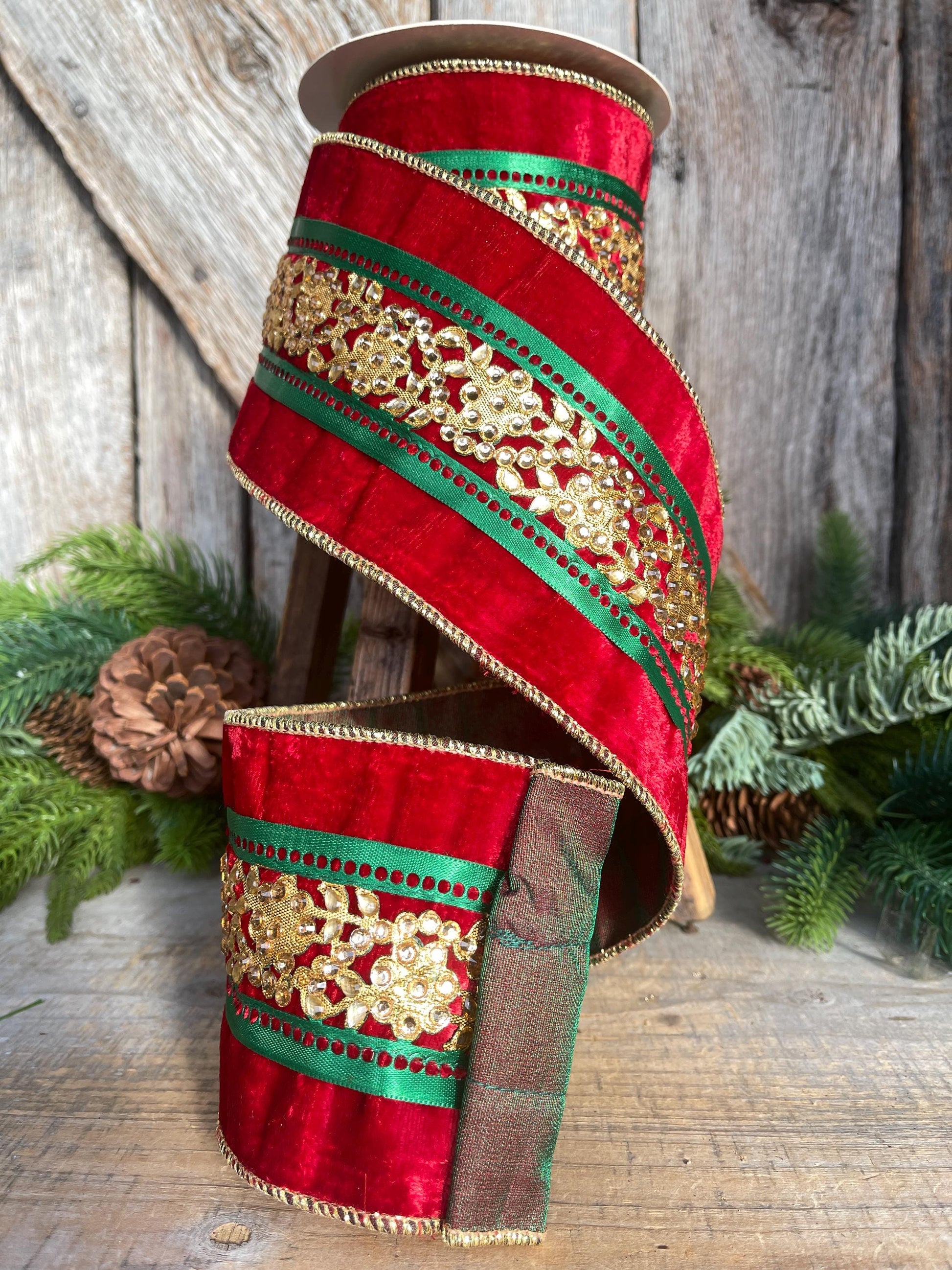 4" Red Embellished Velvet Ribbon, Luxury Christmas Ribbon