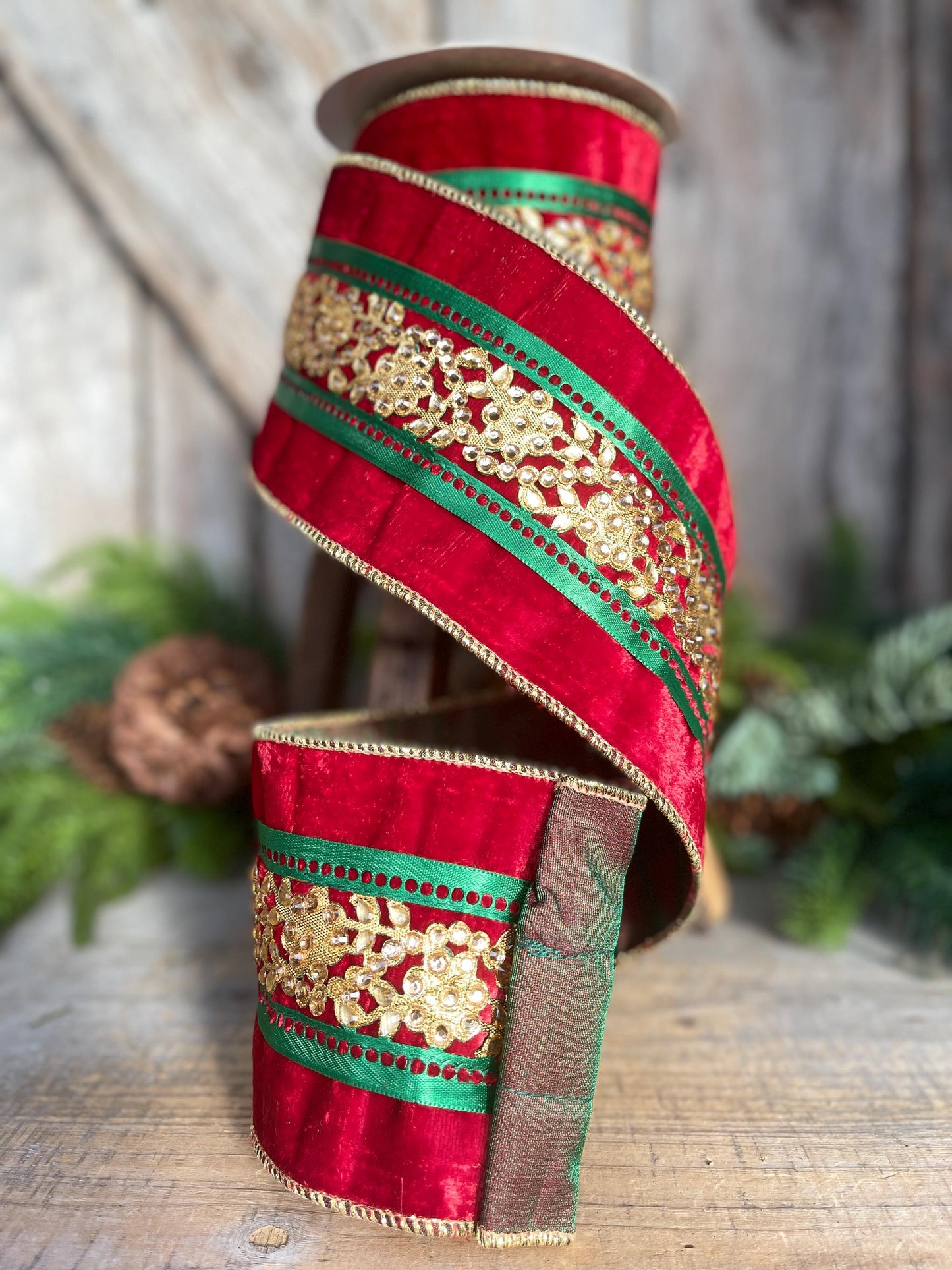 4" Red Embellished Velvet Ribbon, Luxury Christmas Ribbon