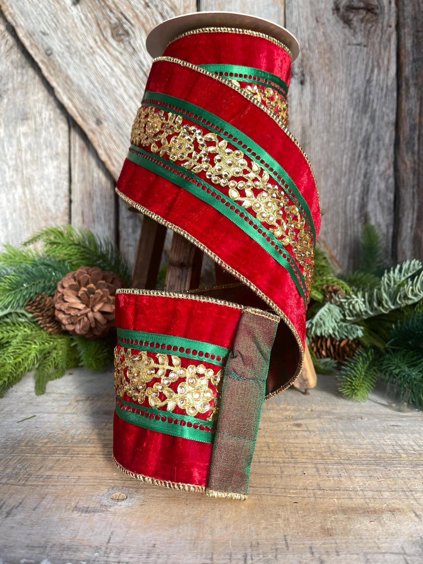 4" Red Embellished Velvet Ribbon, Luxury Christmas Ribbon