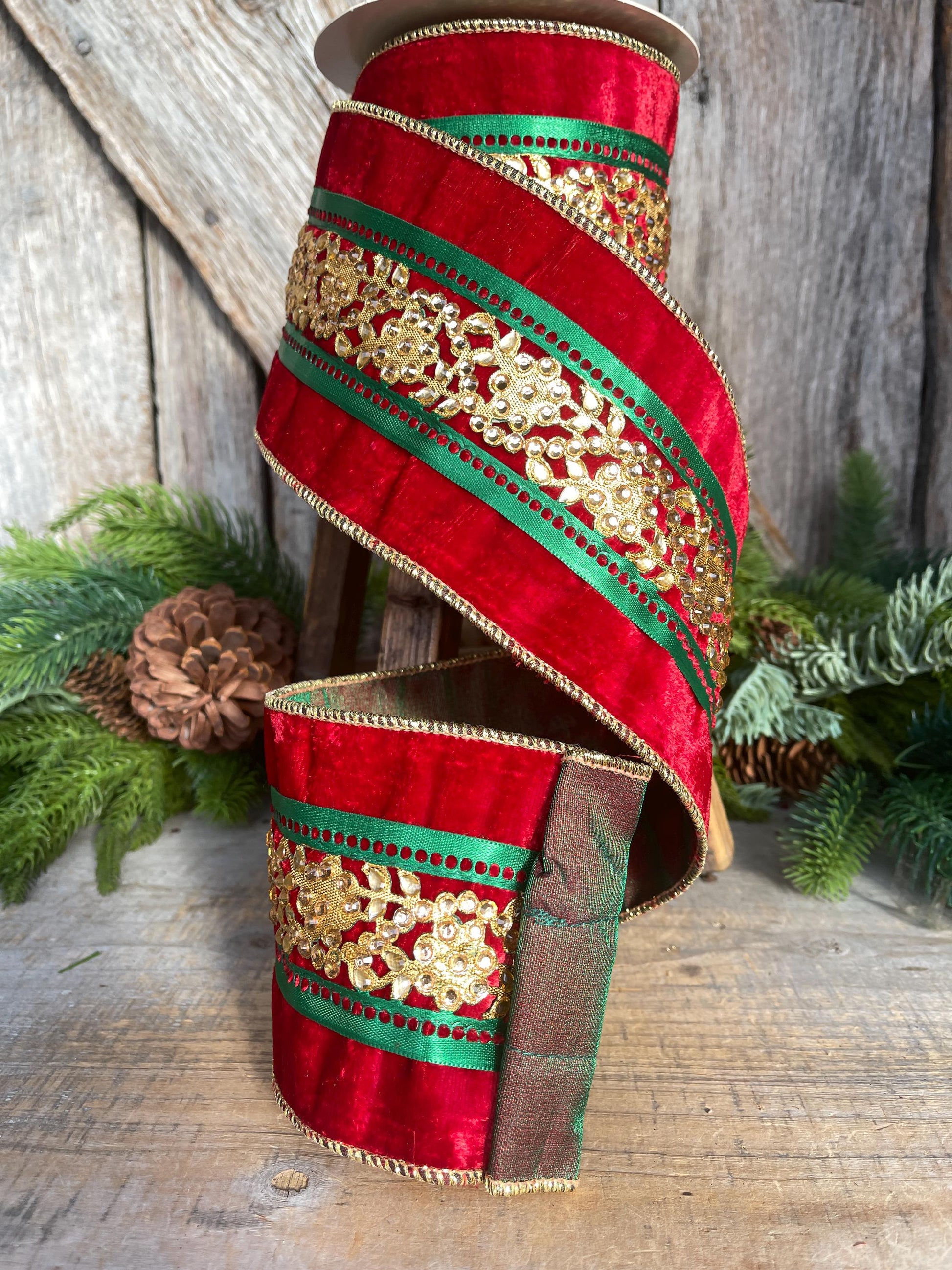 4" Red Embellished Velvet Ribbon, Luxury Christmas Ribbon