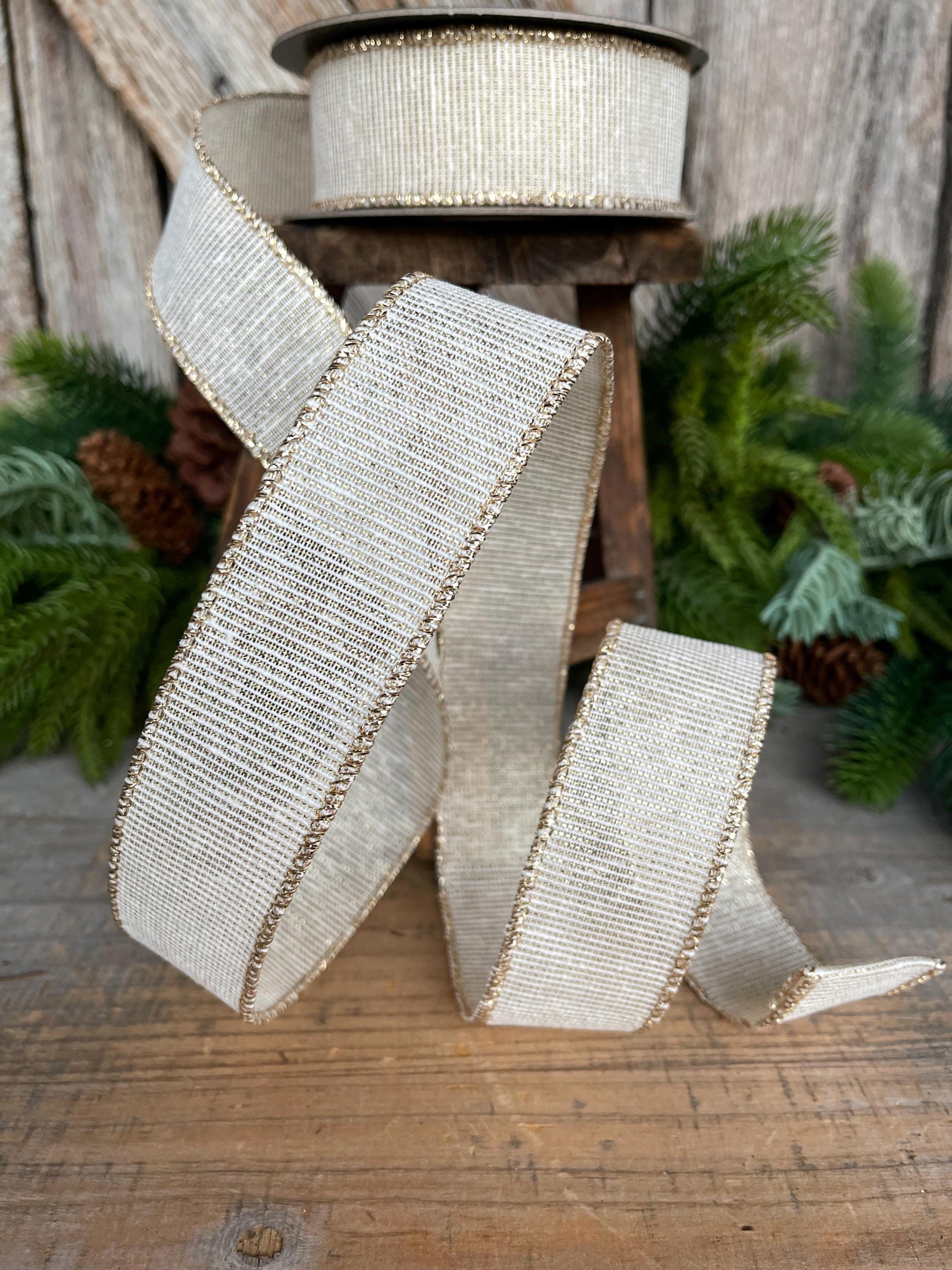 1.5" Ivory & Gold Ribbon, Christmas Ribbon, Gift Wrap Ribbon