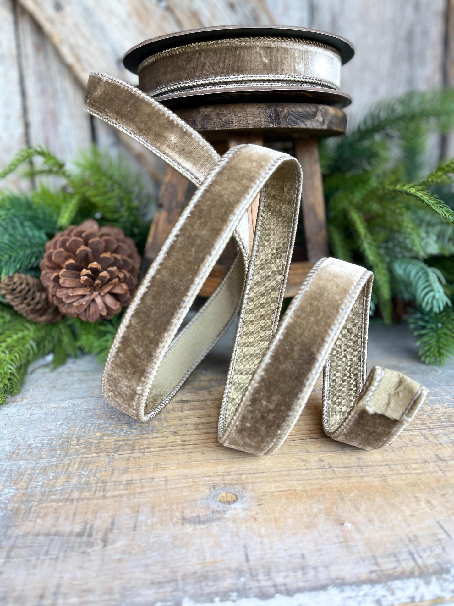 1” Mink Velvet Ribbon, Mocha Velvet ribbon, Christmas Ribbon, Wired Ribbon