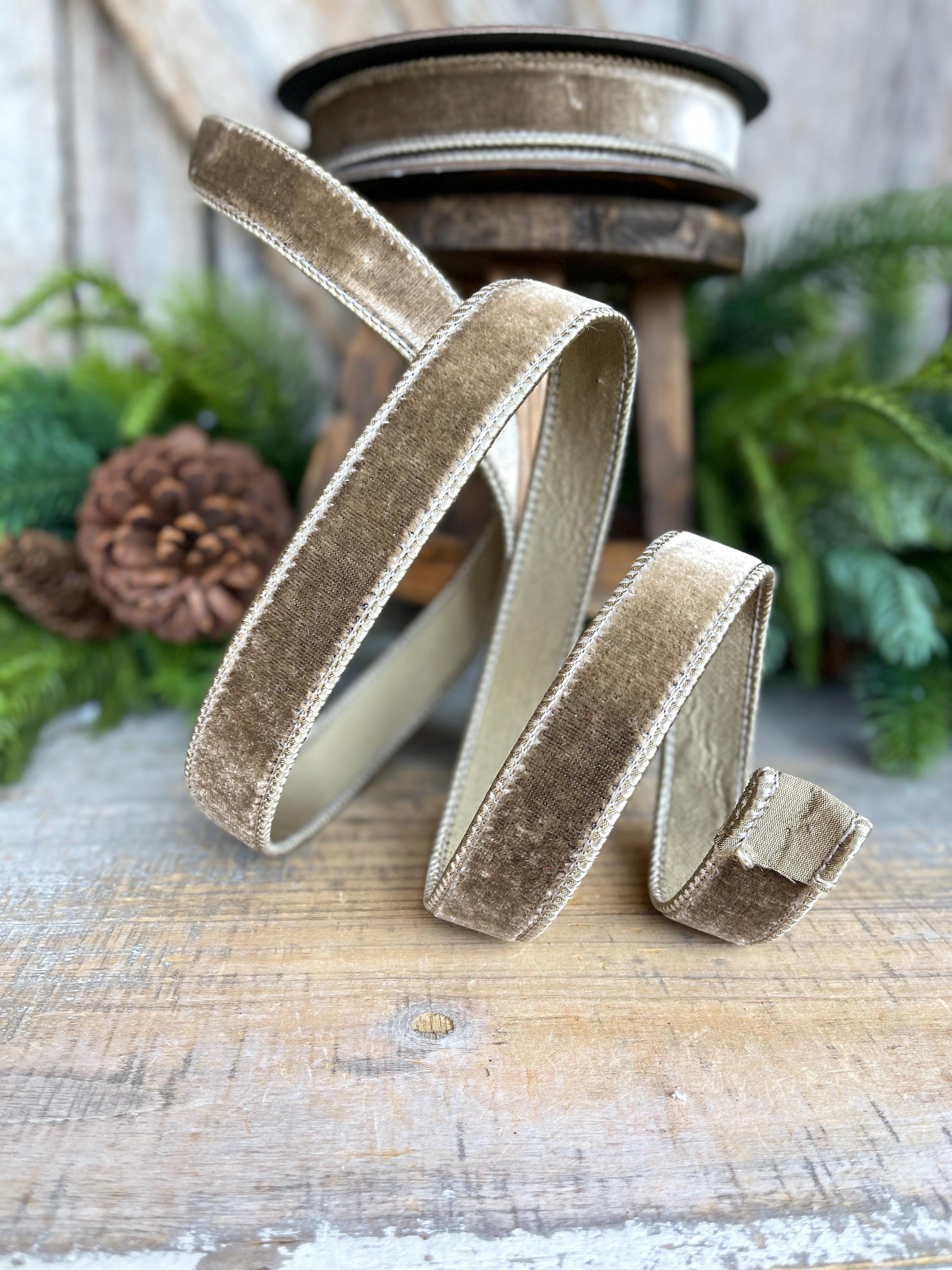 1” Mink Velvet Ribbon, Mocha Velvet ribbon, Christmas Ribbon, Wired Ribbon