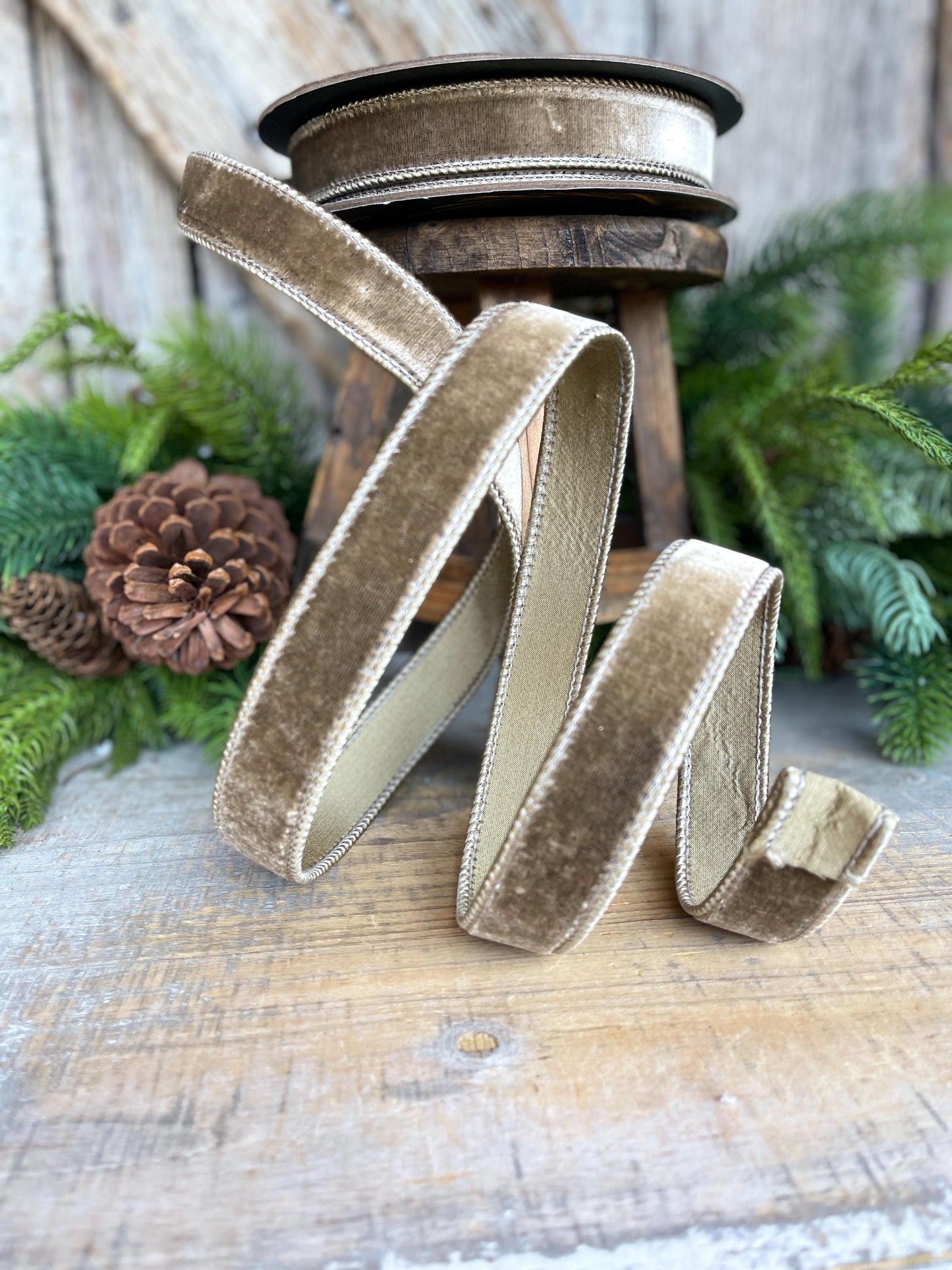 1” Mink Velvet Ribbon, Mocha Velvet ribbon, Christmas Ribbon, Wired Ribbon