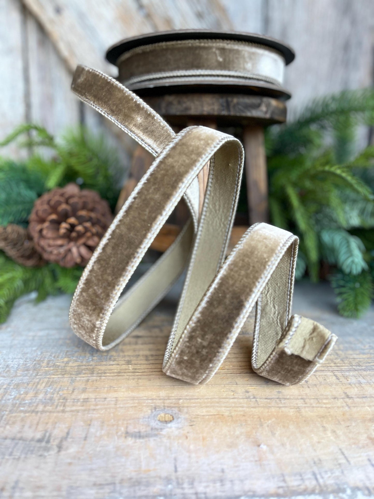 1” Mink Velvet Ribbon, Mocha Velvet ribbon, Christmas Ribbon, Wired Ribbon