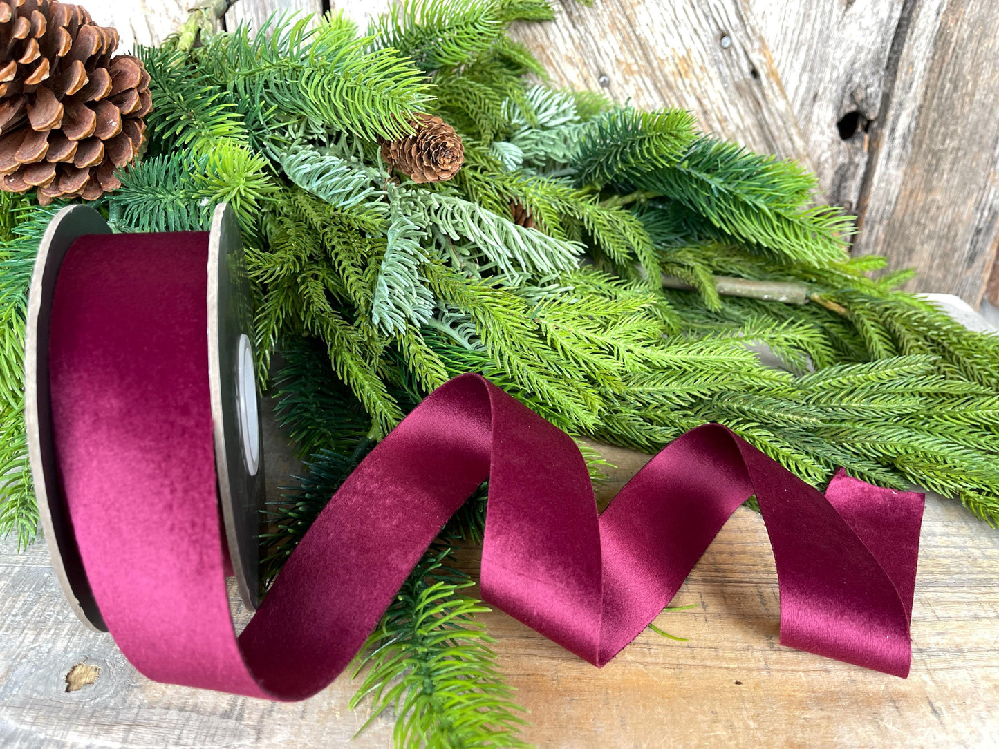1.5" Burgundy Velvet Ribbon, Double Faced Velvet Ribbon, Unwired Velvet Ribbon