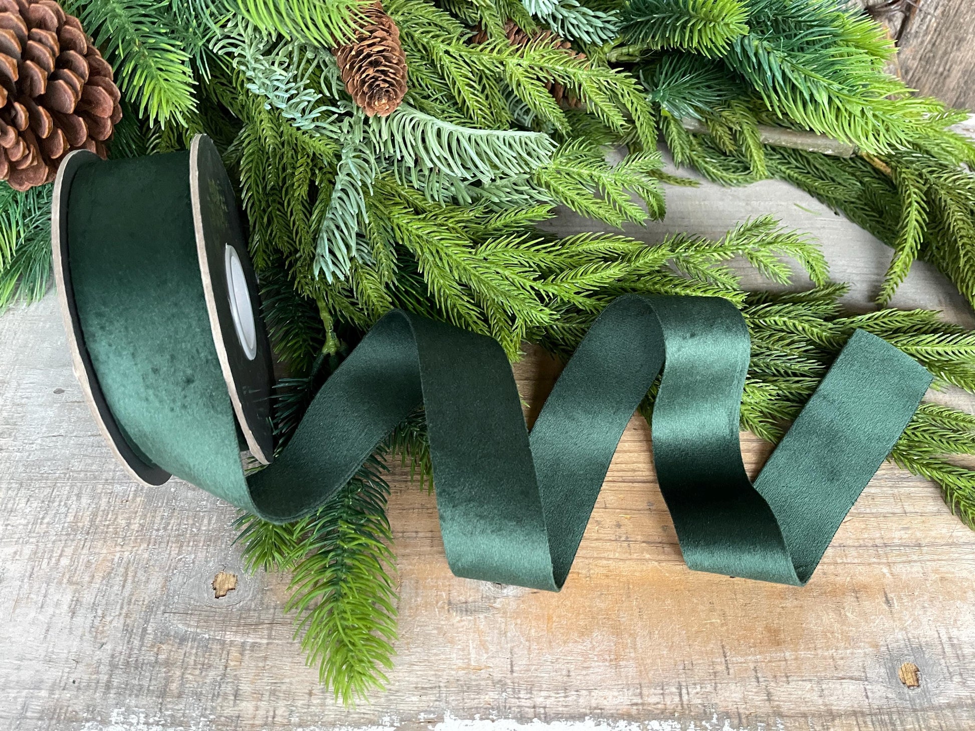 1.5" Forest Green Velvet Ribbon, Double Faced Velvet Ribbon, Unwired Velvet Ribbon