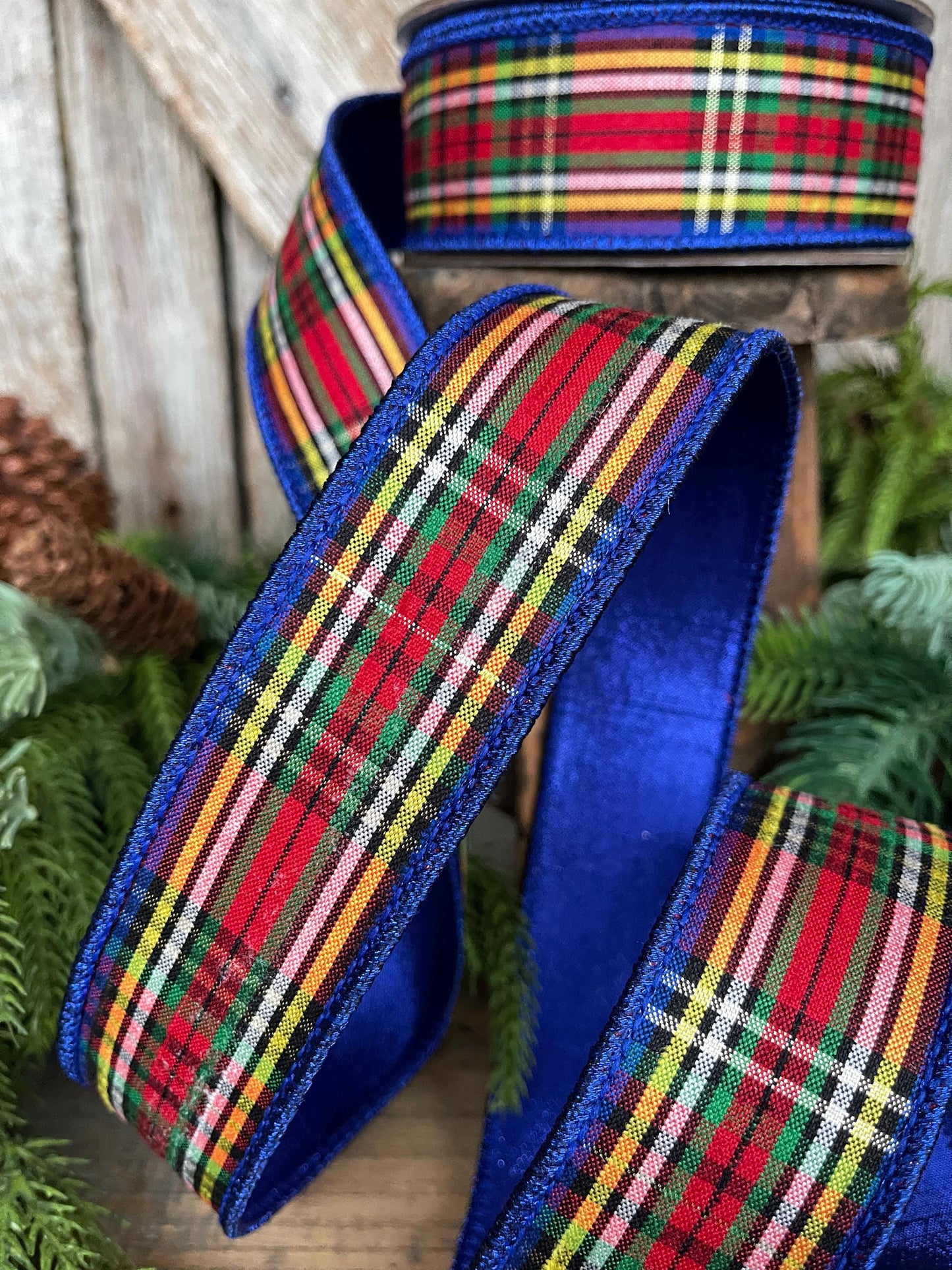 1.5" Blue Caroler Plaid RIbbon, Farrisilk Ribbon, Traditional Plaid RIbbon