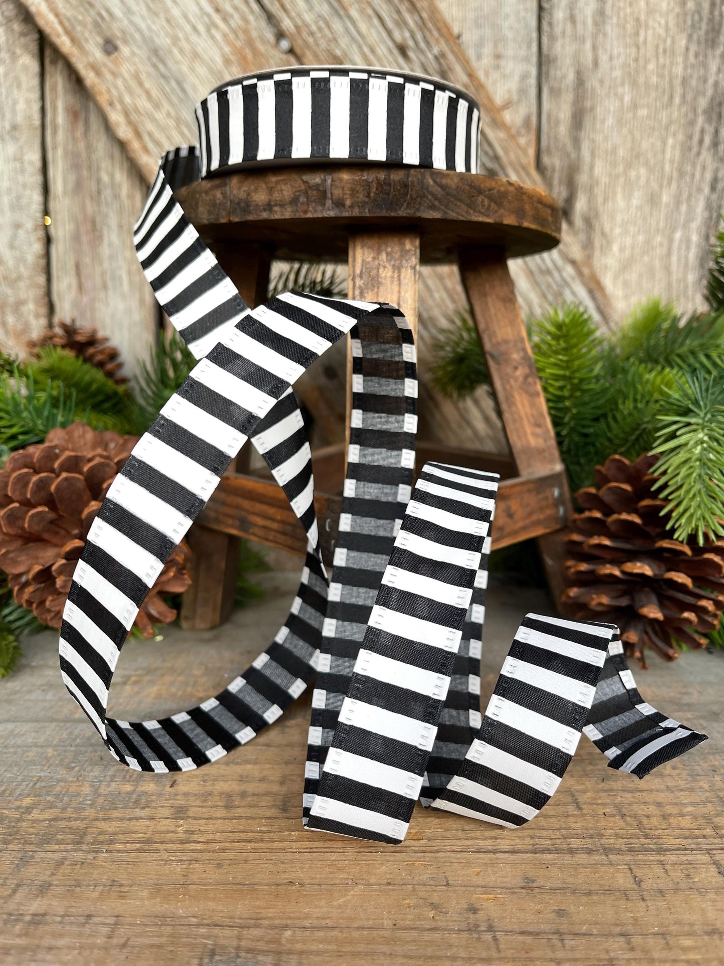 7/8" Black White Stripe Ribbon, Narrow Ribbon, Christmas Bow Ribbon