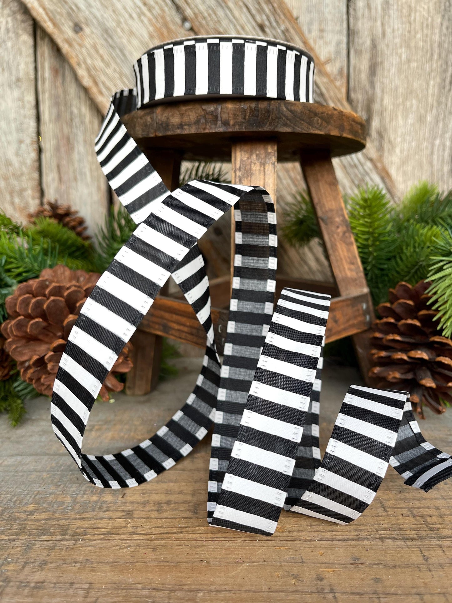 7/8" Black White Stripe Ribbon, Narrow Ribbon, Christmas Bow Ribbon