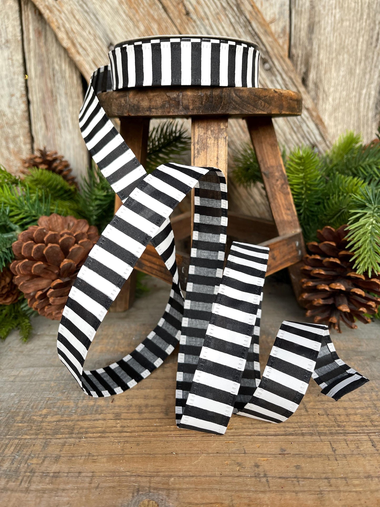 7/8" Black White Stripe Ribbon, Narrow Ribbon, Christmas Bow Ribbon