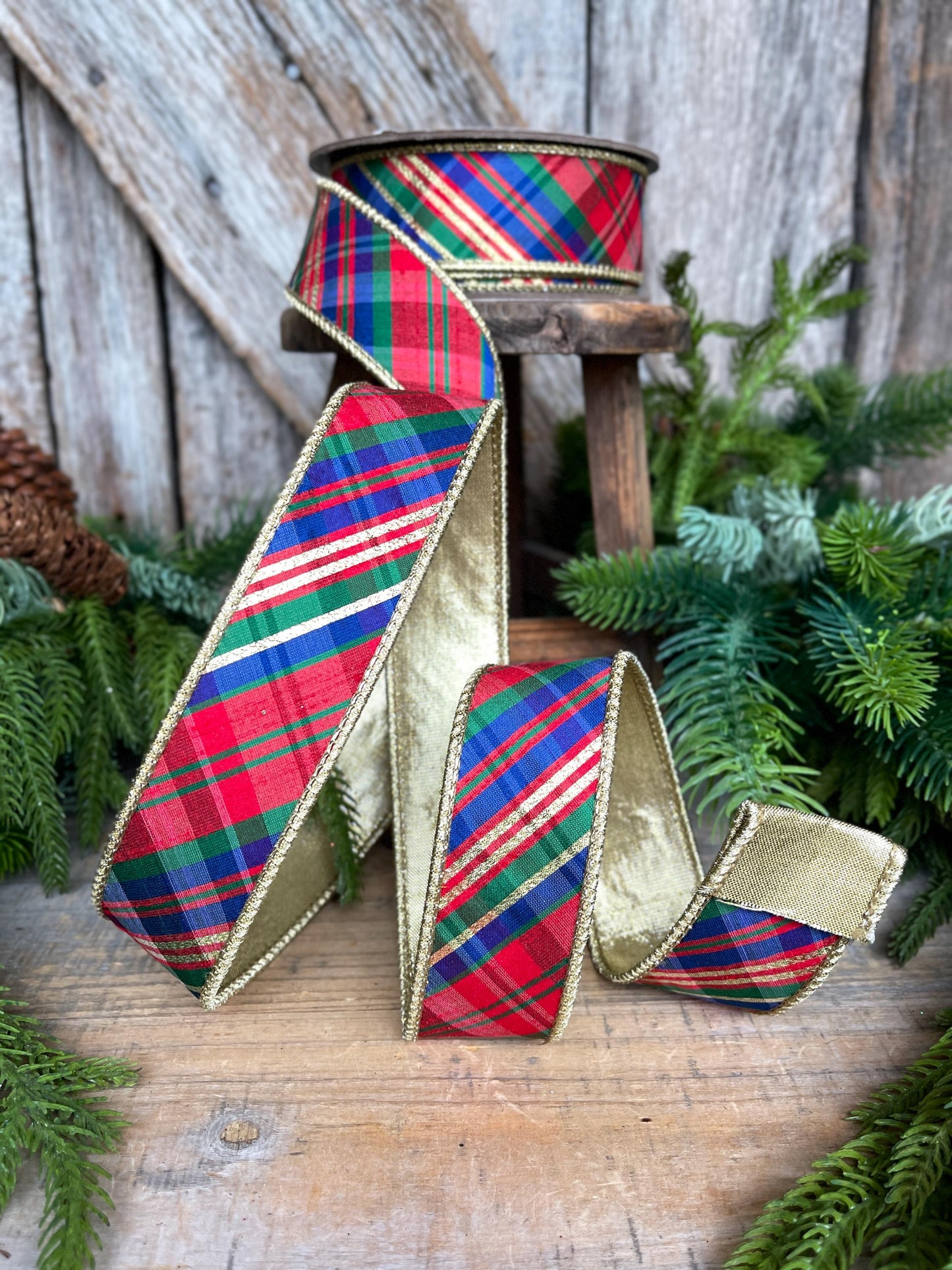 1.5" Christmas Plaid Ribbon, Red Blue Plaid Ribbon, Tartan Plaid Ribbon, Yuletide Plaid Ribbon
