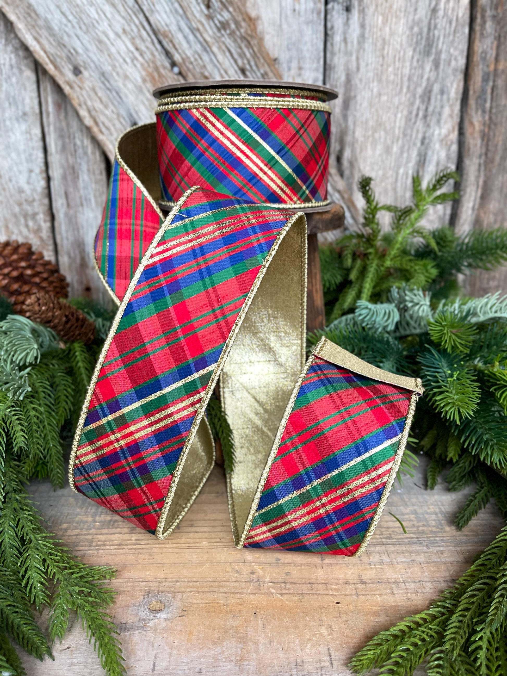2.5" Christmas Plaid Ribbon, Red Blue Plaid Ribbon, Tartan Plaid Ribbon, Yuletide Plaid Ribbon